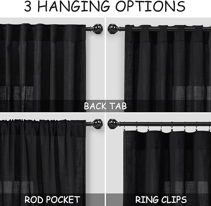 Black Linen Curtains 144 inch Extra Long for Living Room Back Tab Light Filtering Semi Sheer Drapes Modern Farmhouse Muslin Look Decor Cotton Textured Curtain for Floor to Ceiling Window 12 FT