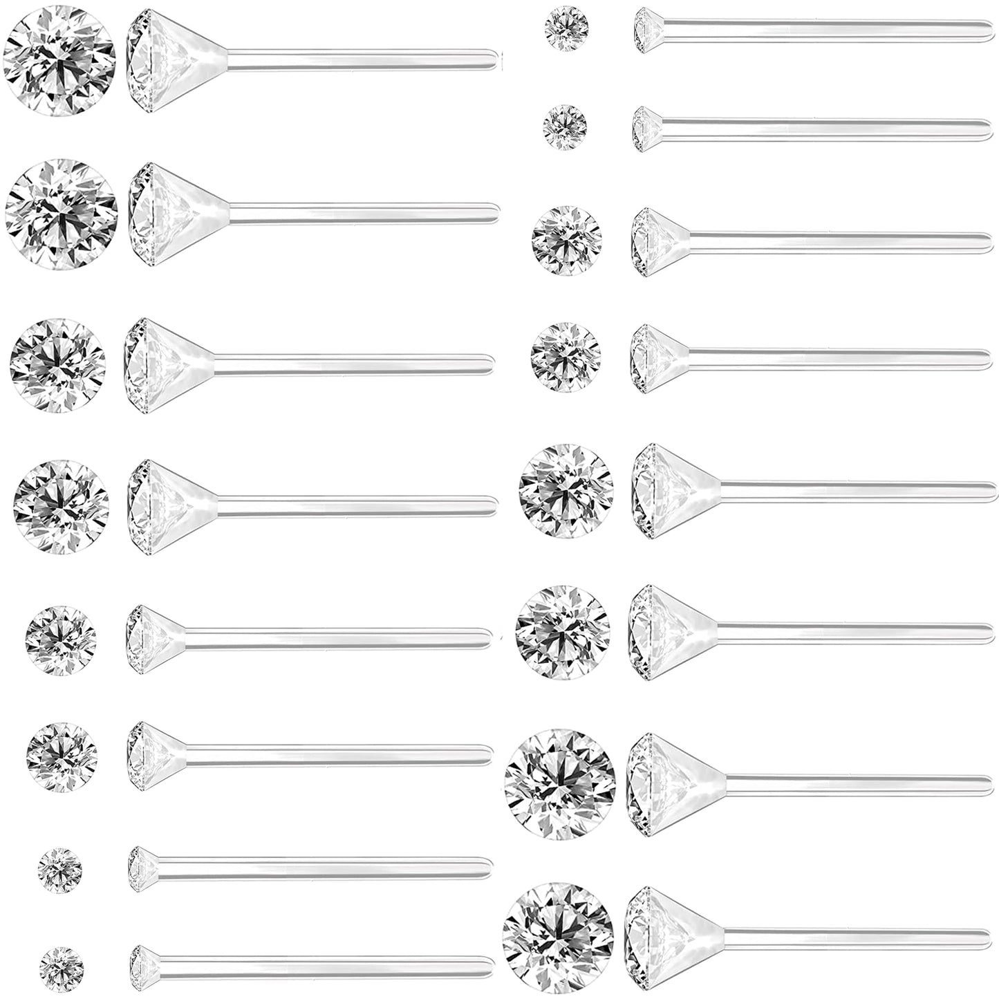 Anti Allergy Hypoallergenic Plastic Stud Earrings Set, 8 Pairs with Silicone Backs, 2-5mm Cubic Zirconia for Sensitive Ears (Clear)
