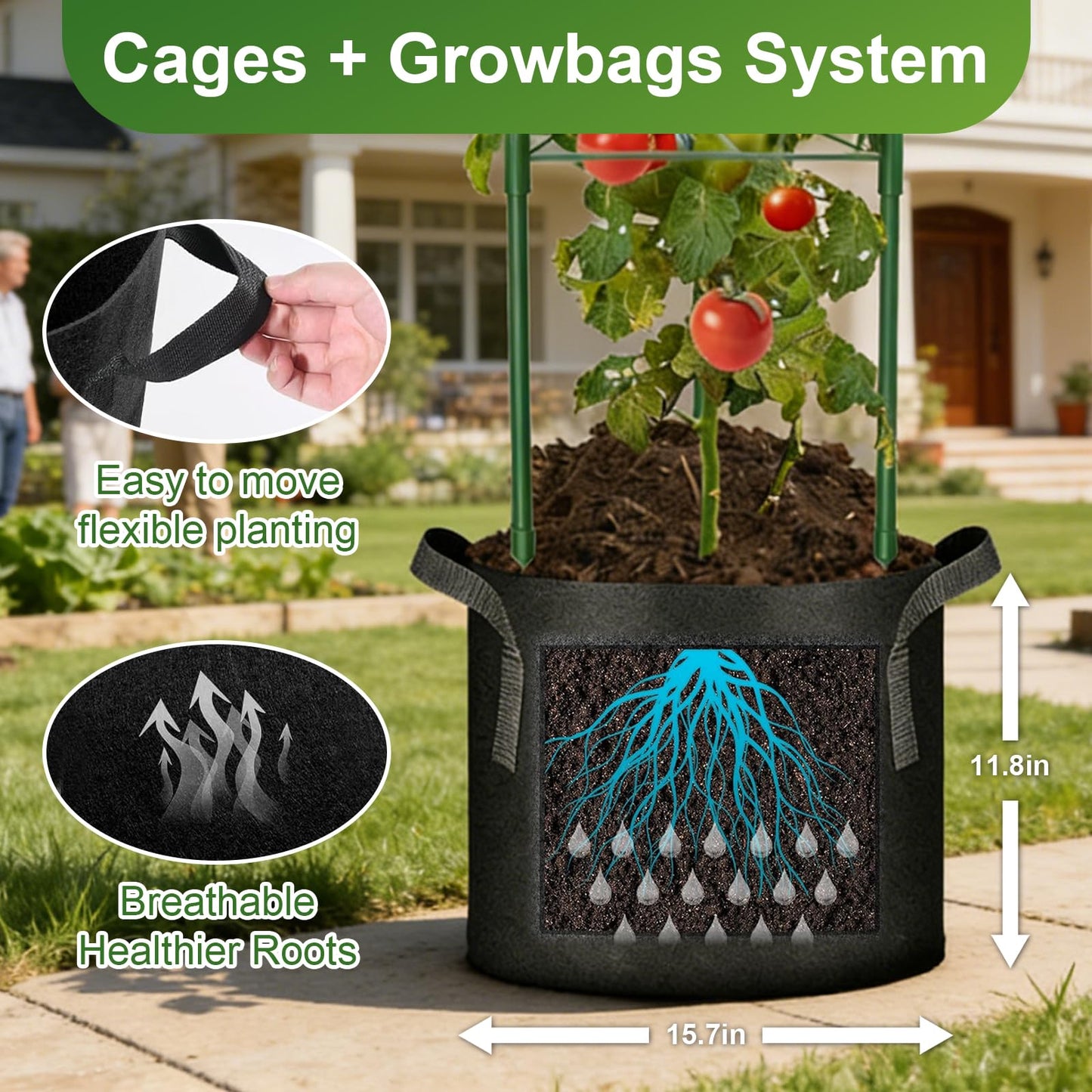 3 Pack Tomato Cage with 10 Gallon Grow Bags, 48" Height Adjustable Tomato Trellis with 65Ft Twist Tie, Heavy Duty Tomato Cages for Garden Flowers Vegetables Climbing Plants