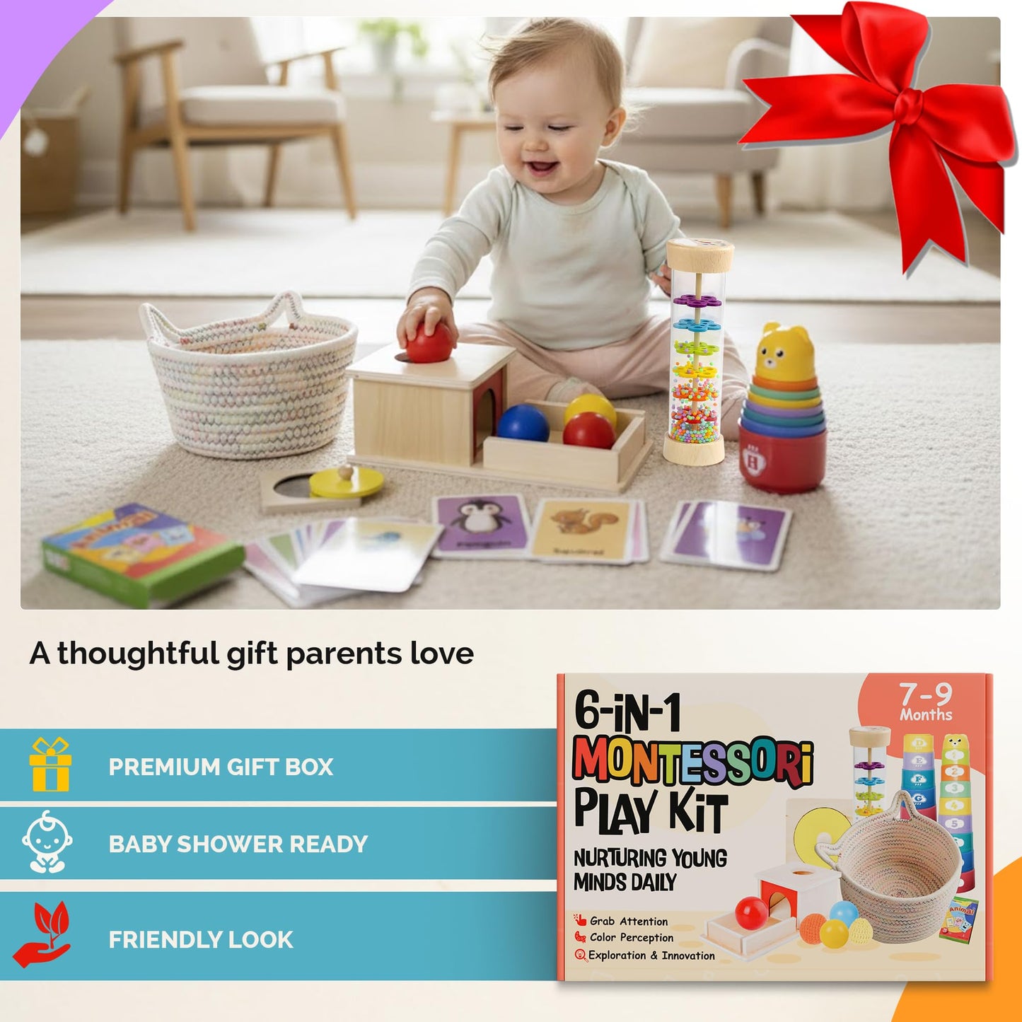 SmileyBubs Montessori Baby Toys 7–9 Months, Developmental Tools for 7+ Month Babies, Baby Sensory Toys - A Sliding Box, Mirror Puzzle, Stacking Cups, Treasure Basket, Rain Stick, Animal Flashcards