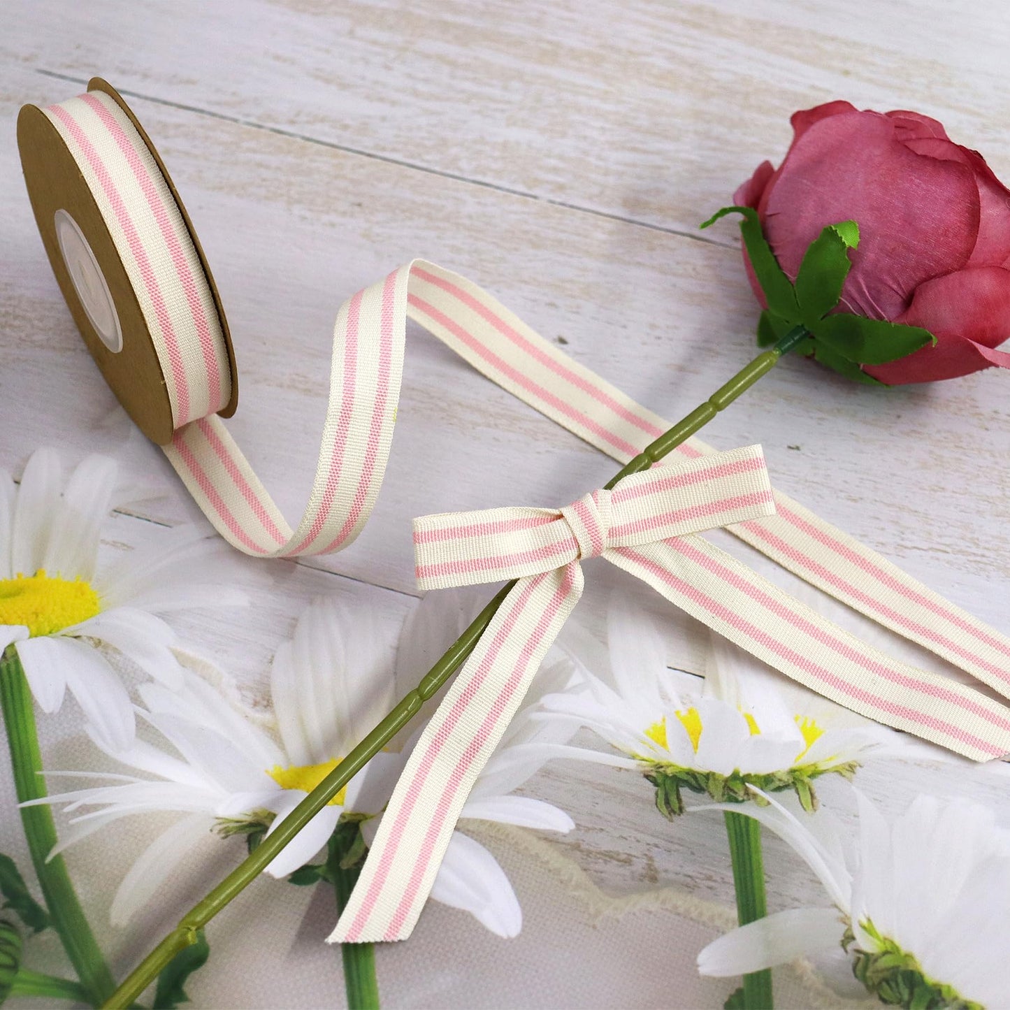 YERELO 10Yard x 2Roll Set Cotton Stripe Ribbon 5/8" and 3/8" Pink Stripe Ribbons for Christmas Tree Crafts,Wedding Wreath,Gift Wrapping,Decoration and DIY Handmade Hair Bows