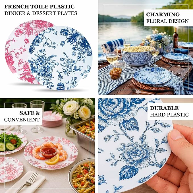 Efavormart 10-Pack French Toile Plastic Dinner Plates – Pink & White Floral, 10" Round Disposable Party Plates