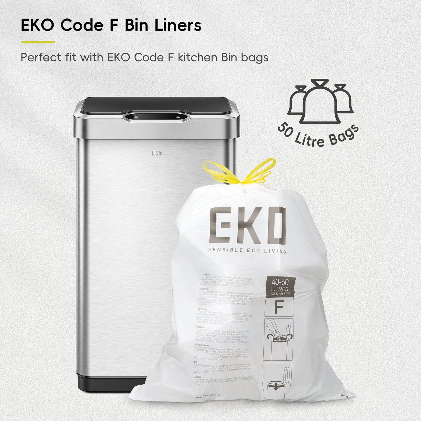 EKO Mirage-T 50 Liter / 13.2 Gallon Touchless Rectangular Motion Sensor Trash Can, Brushed Stainless Steel Finish