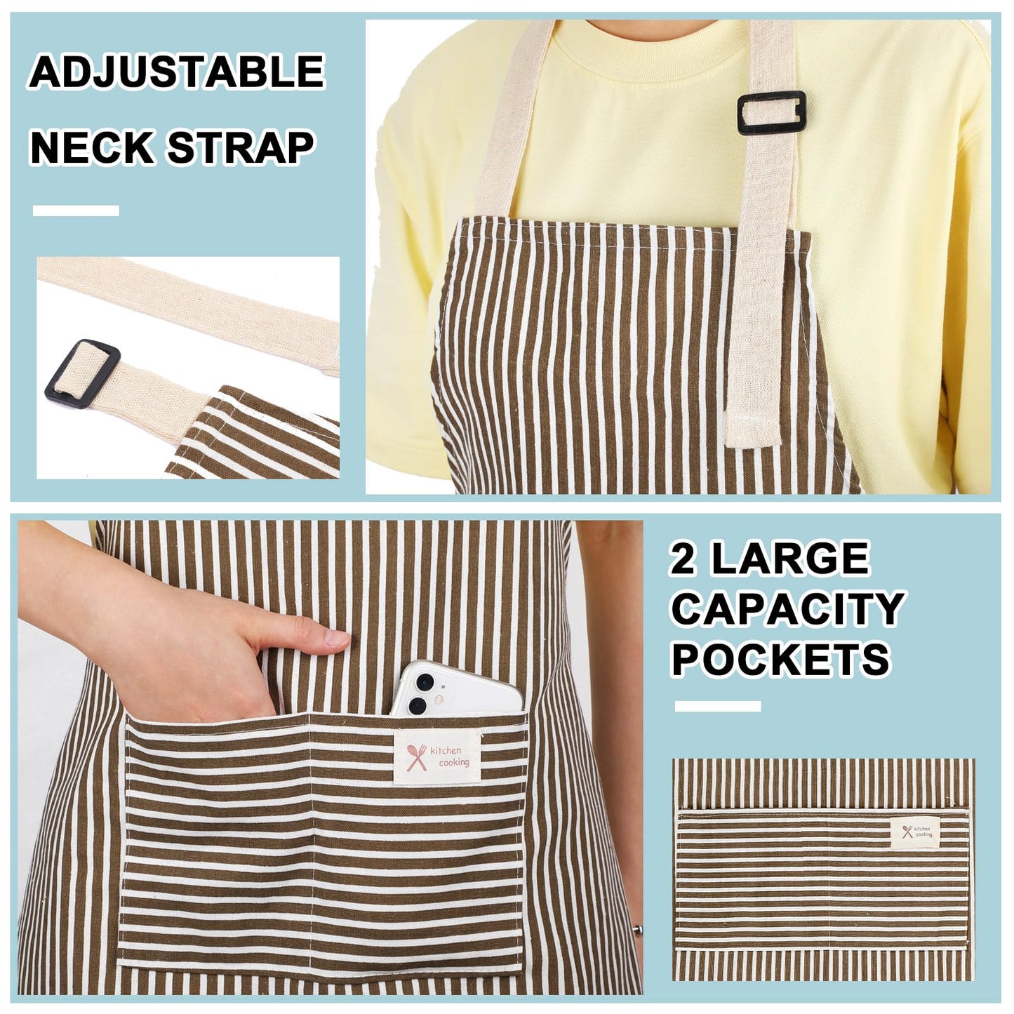 Janmercy 24 Pcs Aprons for Women Men with 2 Pockets Linen Cooking Kitchen Apron Adjustable Bib Chef Apron Bulk Aprons Unisex(Brown/blue,Thin Stripes)