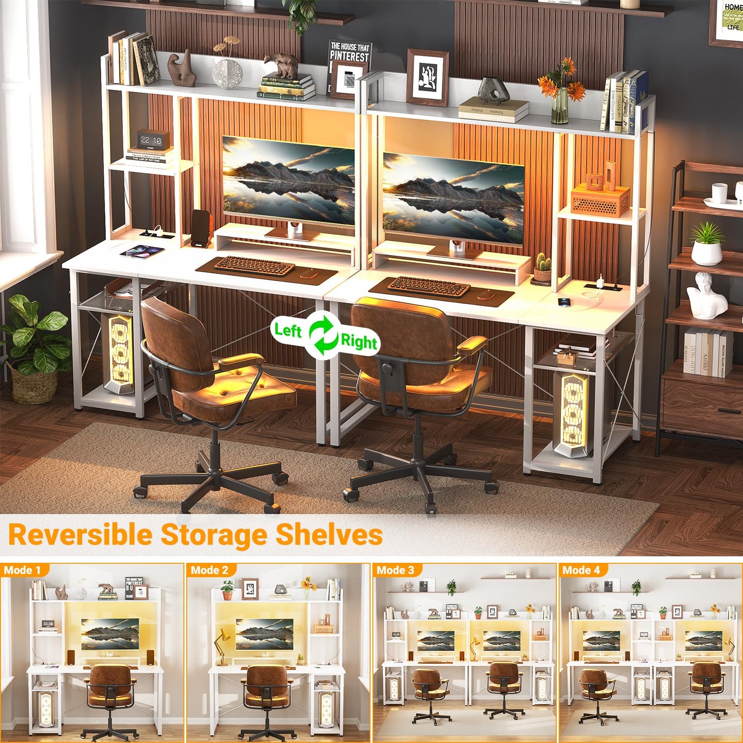 Cyclysio Gaming Desk with Hutch, 39'' Computer Desk with LED Lights & Power Outlets, Home Office Desk with Reversible 5 Tiers Storage Shelves & Monitor Stand, Small Gaming Table for Small Space, White