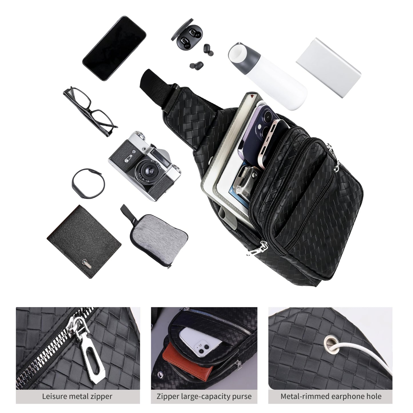 2 Pack Sling Bag Set, PU Leather Sling Bag with Classic Wallet, Multi-Zipper Design for Travel, Outdoors