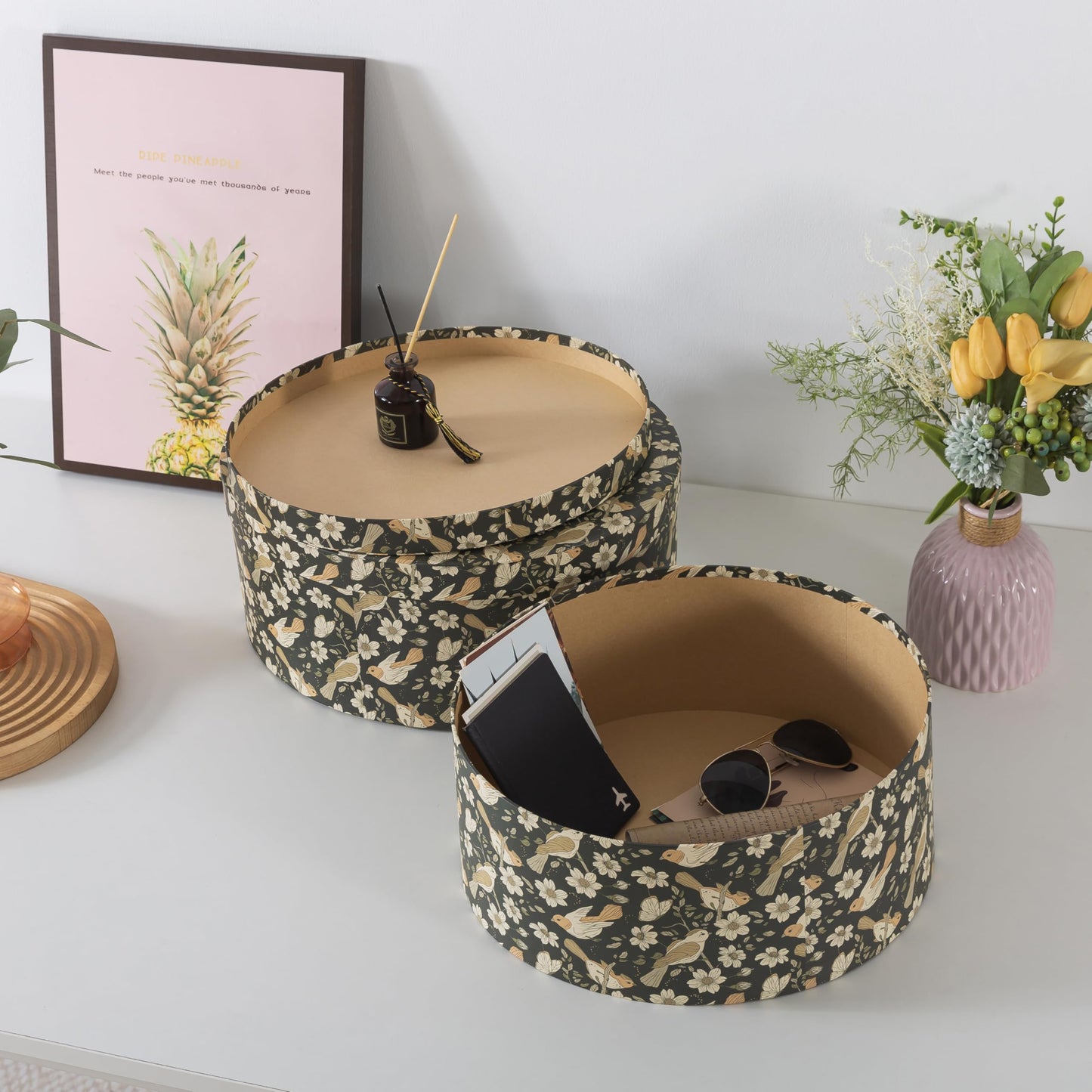Soul & Lane Large Oval Cardboard Decorative Storage Boxes with Lids - Midnight Blossom Serenade, Set of 2 Cardboard Boxes for Flowers and Gifts, Nesting Memory Containers for Keepsakes and Organizing