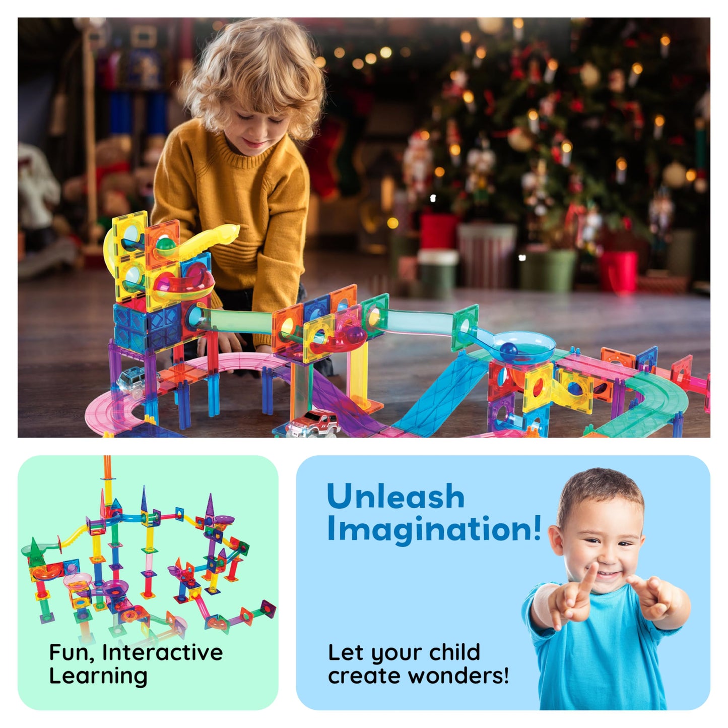 PicassoTiles 108pc Magnetic Marble Run Set with Building Tiles Race Track Car Slides Set STEM Learning Toy 3-in-1 Preschool Construction Kit for Indoor Activity and Development for Kids age 3+ PTG108