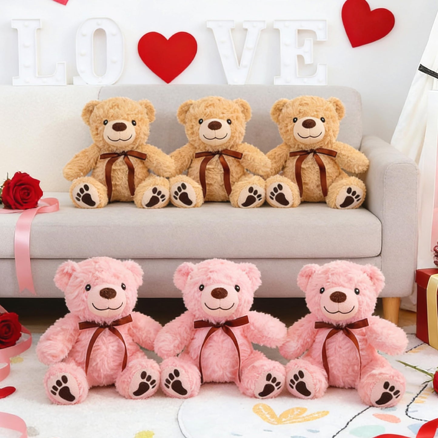 EEYQR 6Pcs Teddy Bear Stuffed Animals Bulk for Baby Shower, Small Stuffed Teddy Bear Plush, Bulk Bears Plush Toys for Baby Shower Party Decorations Christmas Valentine's Day (Brown, Pink)
