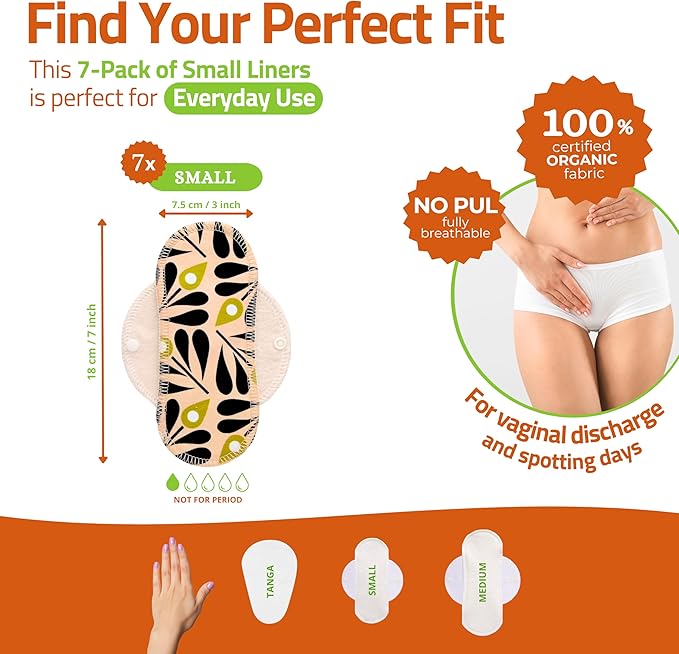 Organic Cotton Reusable Panty Liners for Women & Teens (Small, 7-Pack); High-Temp Washable Cloth Liners Made in EU; Stay Fresh & Dry, for Daily Vaginal Discharge Only; 100% Breathable (no PUL/TPU)