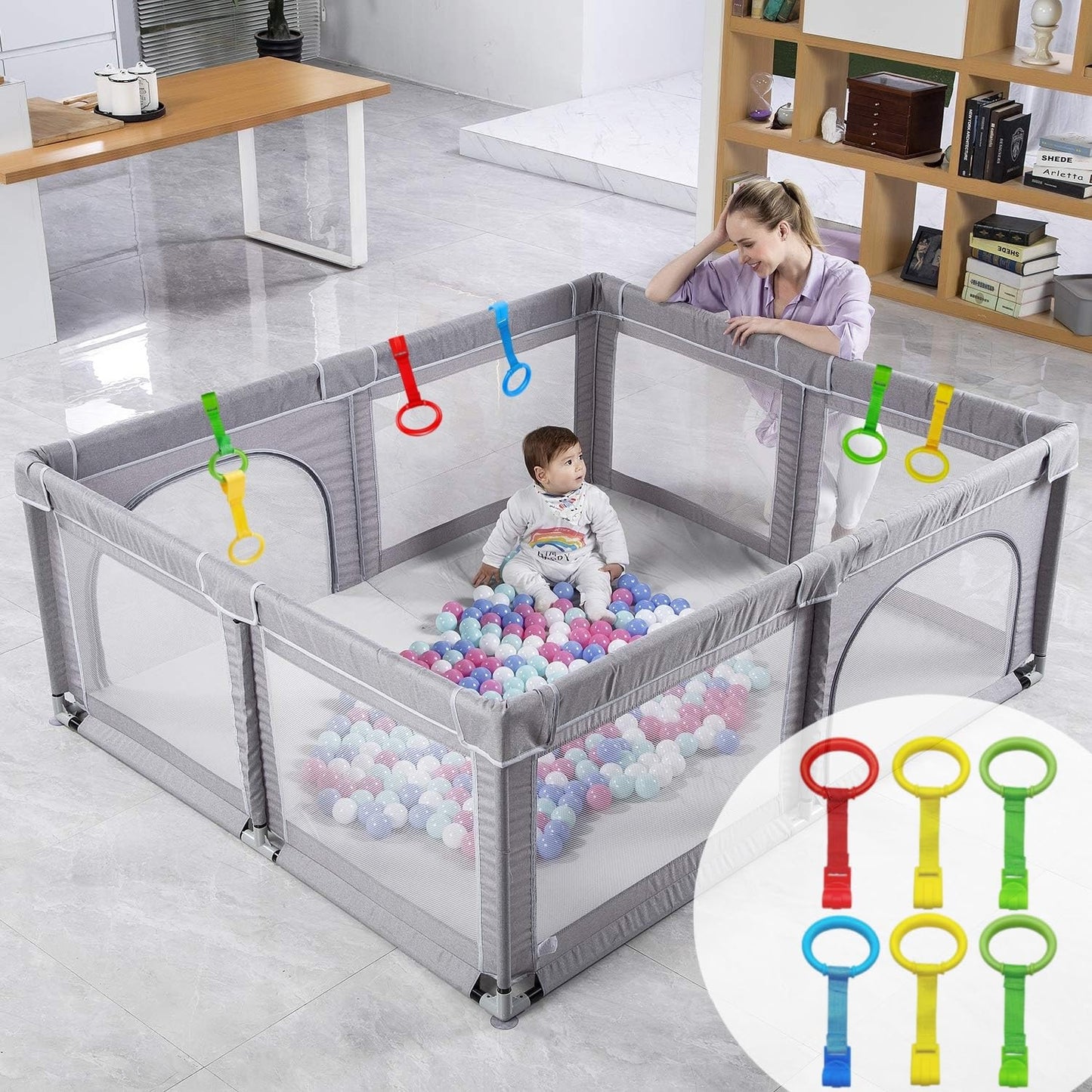 6PCS 4 Colors Baby Playpen Pull up Rings-Plastic Crib Pull Rings Walking Exercises Assistant Stand Up Cot Hanging Ring for Infant Baby Toddler