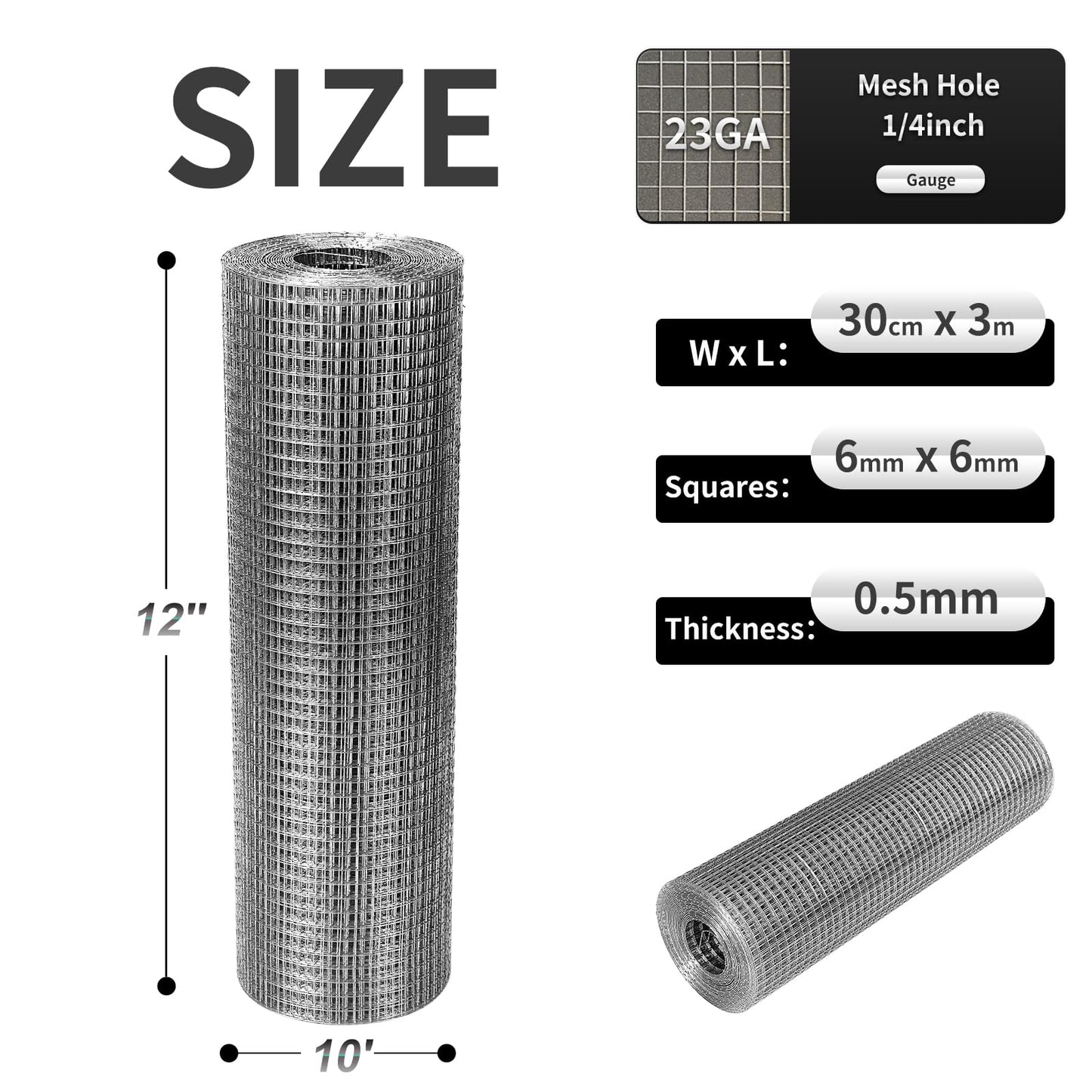 Hardware Cloth 12'' x 10' 1/4 in Galvanized Wire Mesh Roll (23 GA) Chicken Wire Fence Roll for Chicken Pen/coop Fences, Screen mesh, Rabbit/Snake Fences, Poultry enclosures, Handicraft Ma