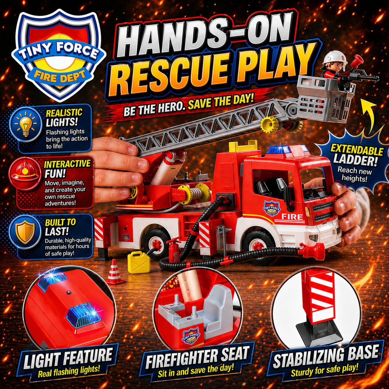 Tiny Force Fire Rescue Set – Fire Truck with Ladder, Toy Helicopter, Motorcycle & Fire Water Pump, Emergency Pretend Play Toys for Kids & Toddlers