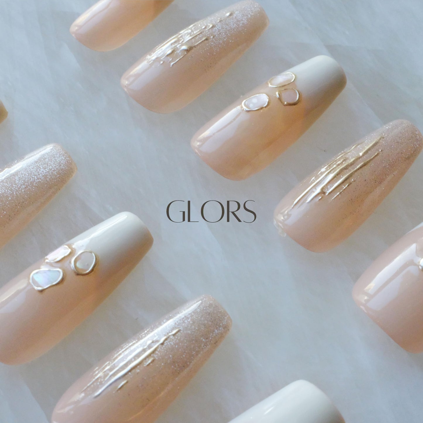 GLORS Handmade Press On Nails, Long Ballerina Shape, Pink and White Shell Design, 10 Pieces (Small,LB)