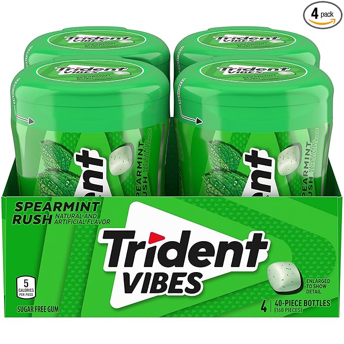 Trident Vibes Spearmint Rush Sugar-Free Chewing Gum, 4 Bottles of 40 Pieces (160 Total Pieces)