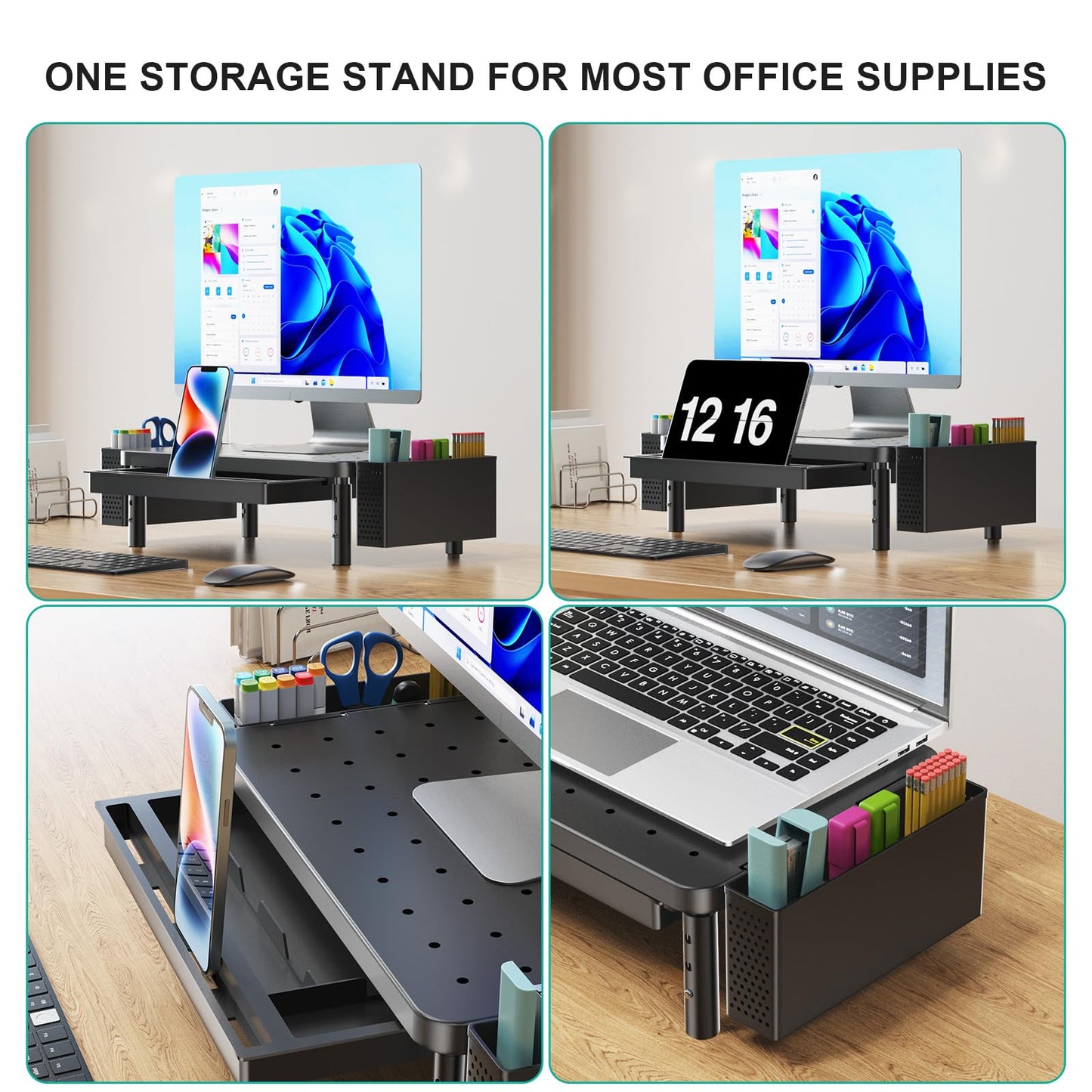 WALI Computer Monitor Stand with Storage, Desk Organizer with Drawer and Pen Holder, Desk Monitor Riser 3 Height Adjustable, Laptop Riser for Computer, Laptop, Printer(PTT003-B), 1 Pack, Black