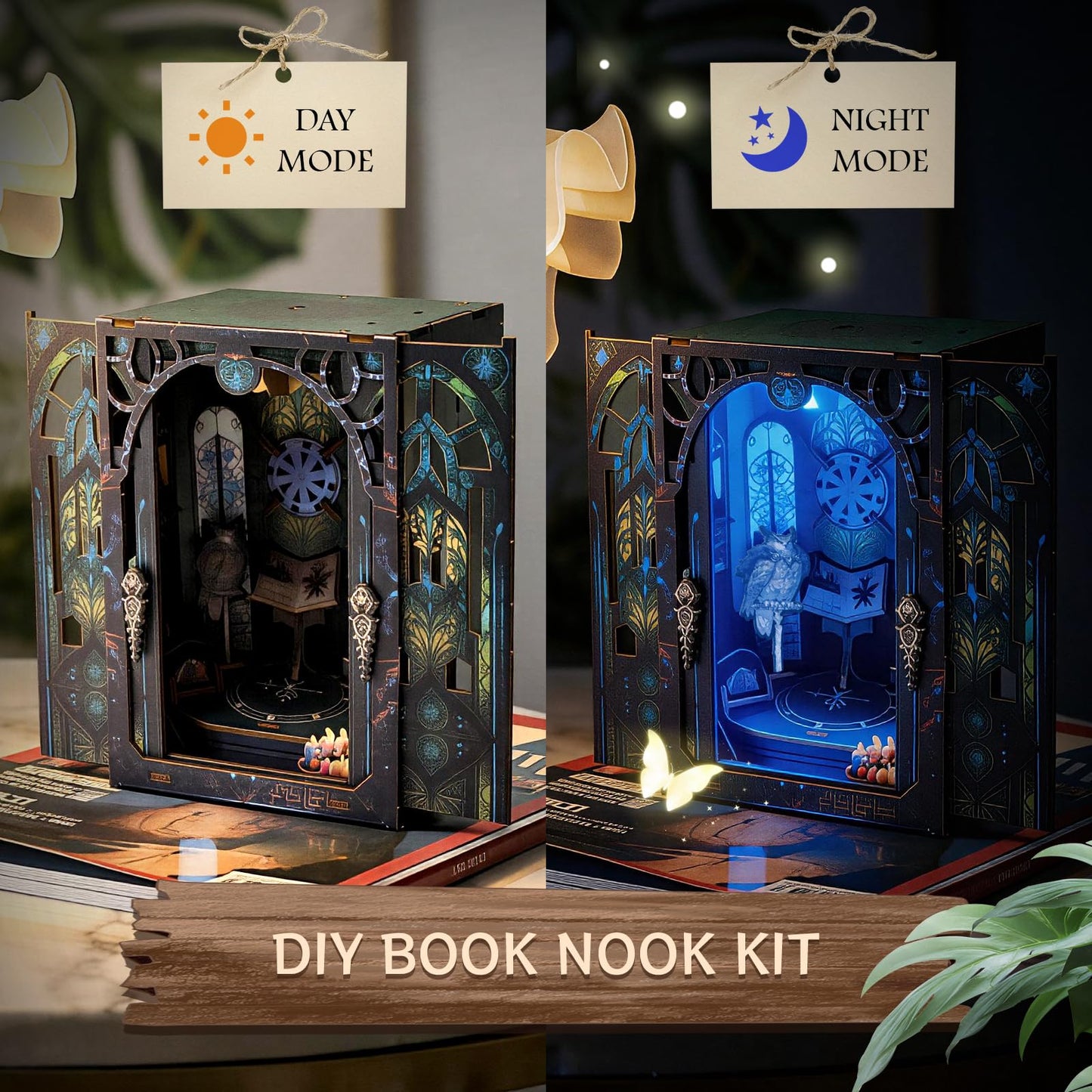 DIY Book Nook Kit Miniature Dollhouse with LED Light, 3D Wooden Bookshelf Insert Reading Corner Bookshop, Mini Library Model Building Kit for Adults Teens, Book Nook Shelf Decor Gift for Book Lovers