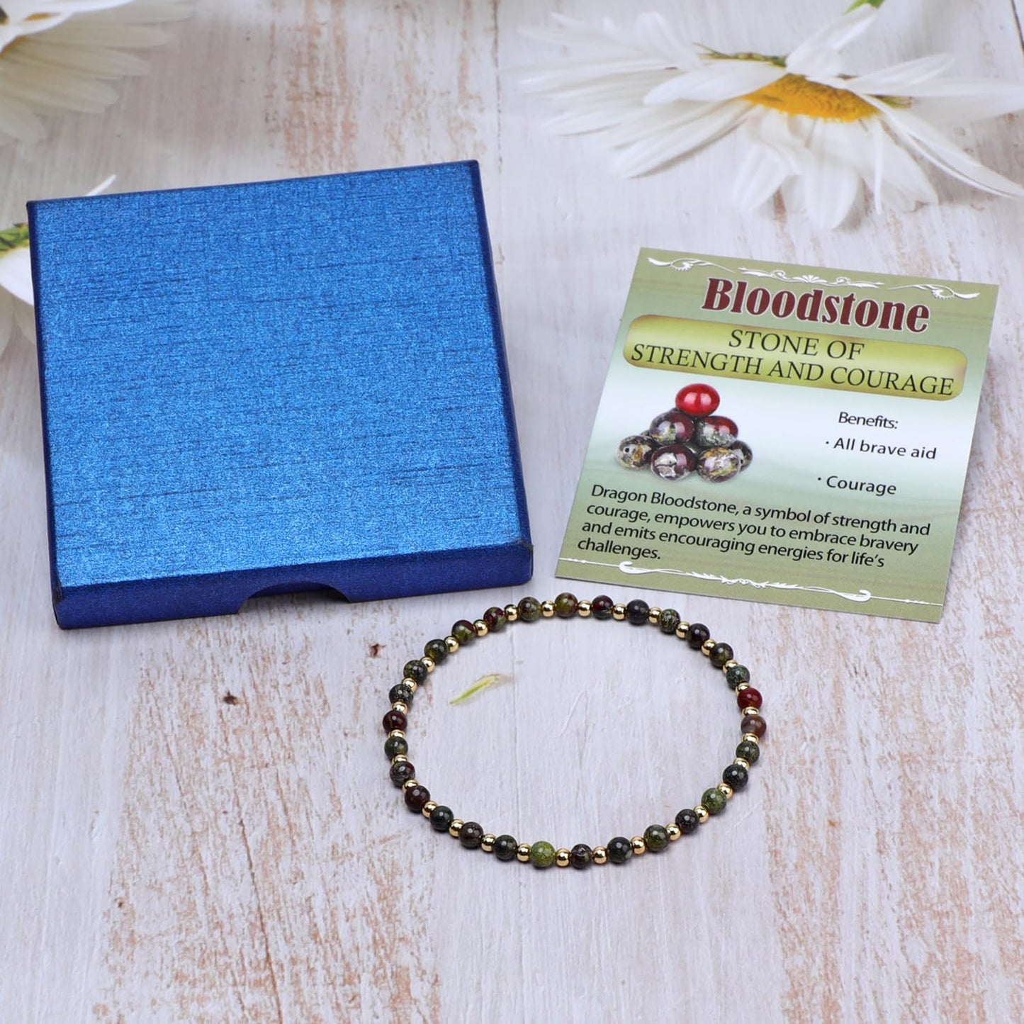 QOGIR Dragon Bloodstone - Strength and Courage - 14K Gold Plated Beads Natural Gemstone Stretch Elastic Dainty Healing Beaded Bracelets Gifts 4mm