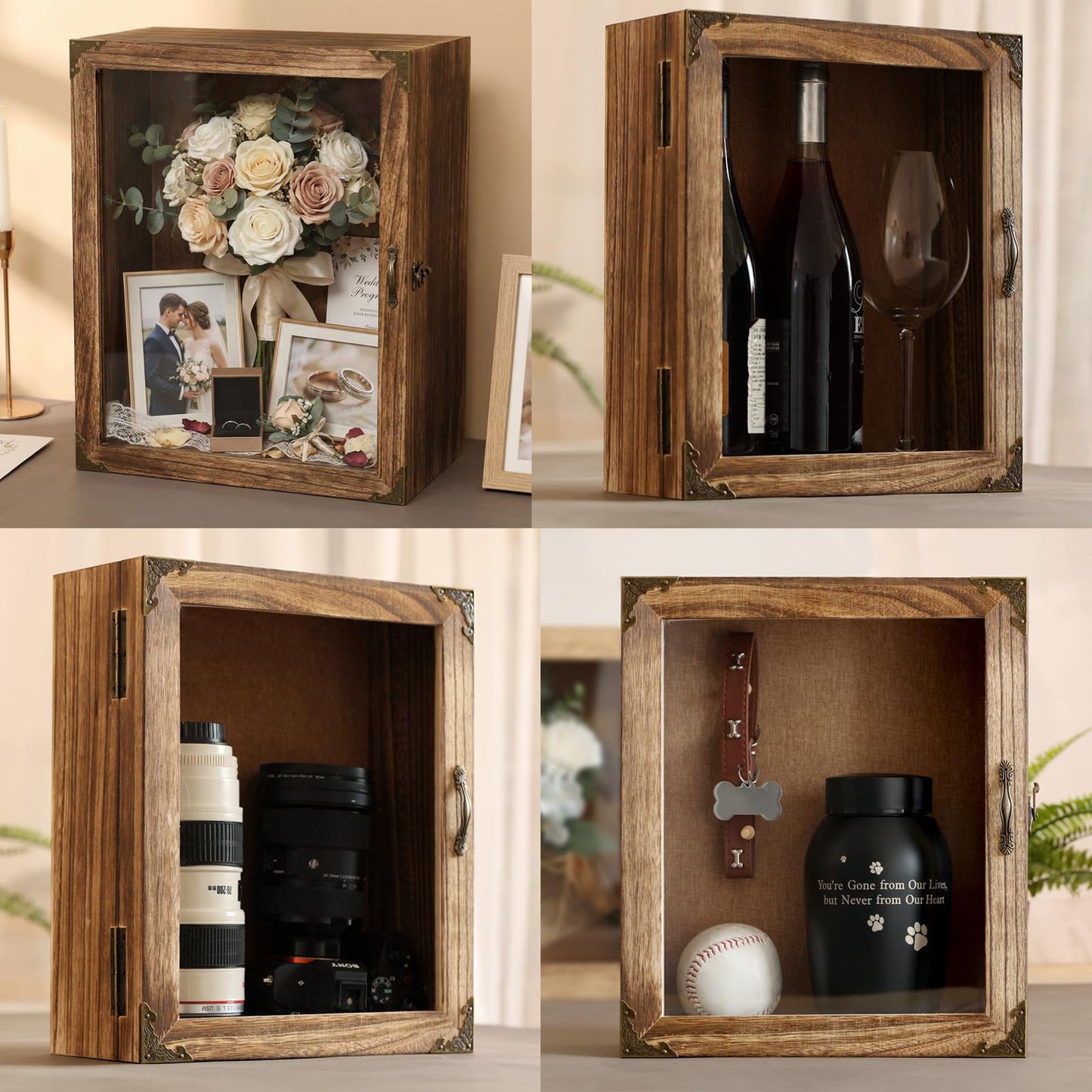 KAASTHAA Shadow Box Frame 11x13, Depth 5in Shadow Boxes Display Cases, Rustic Burnt Wood, Vintage Metal Accents, Acrylic Door, Metal Handle and Latch, Linen Back
