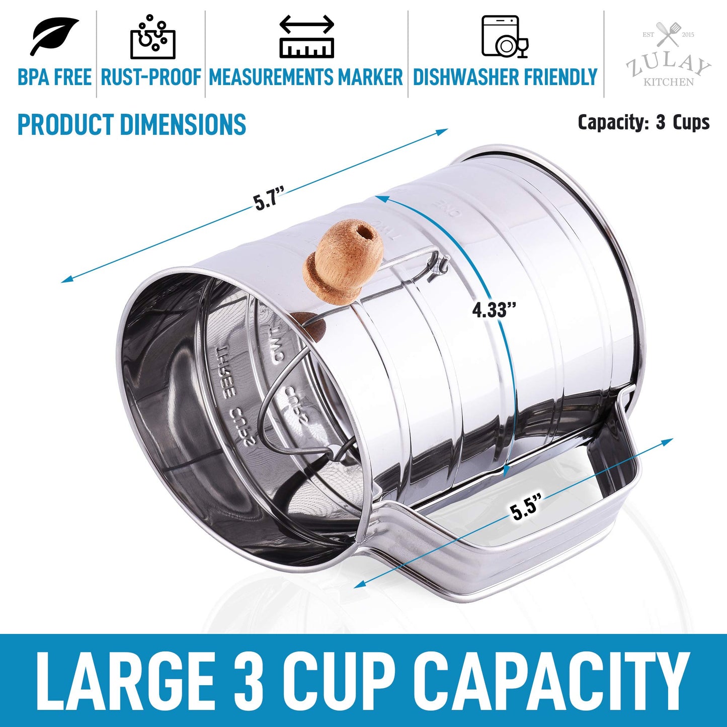 Zulay Kitchen 3 Cup Stainless Steel Flour Sifter - Fine Mesh Rotary Hand Crank Flour Sifter with Agitator Wire Loop For Baking Cakes, Pastries, Pies, Cupcakes and Desserts