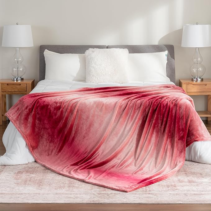 Berkshire Blanket-Classic Heavyweight Soft Printed VelvetLoft® Plush Blanket, Full/Queen Size Soft Fuzzy Warm Blanket for Couch Sofa Bed, Ombre Burgundy, 90in x 90in