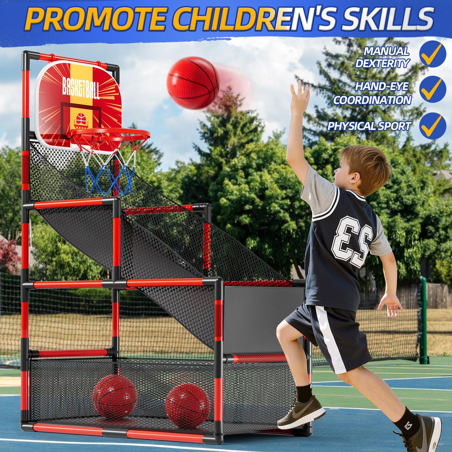 KIZONLY Arcade Basketball Game Indoor, Kids Ajustable Basketball Hoop, Outdoor Carnival Sports Play Toy with 4 Balls and Air Pump, Educational Birthday Gift for Boys Girls 3 4 5 6 7 8 Year Old (Red)