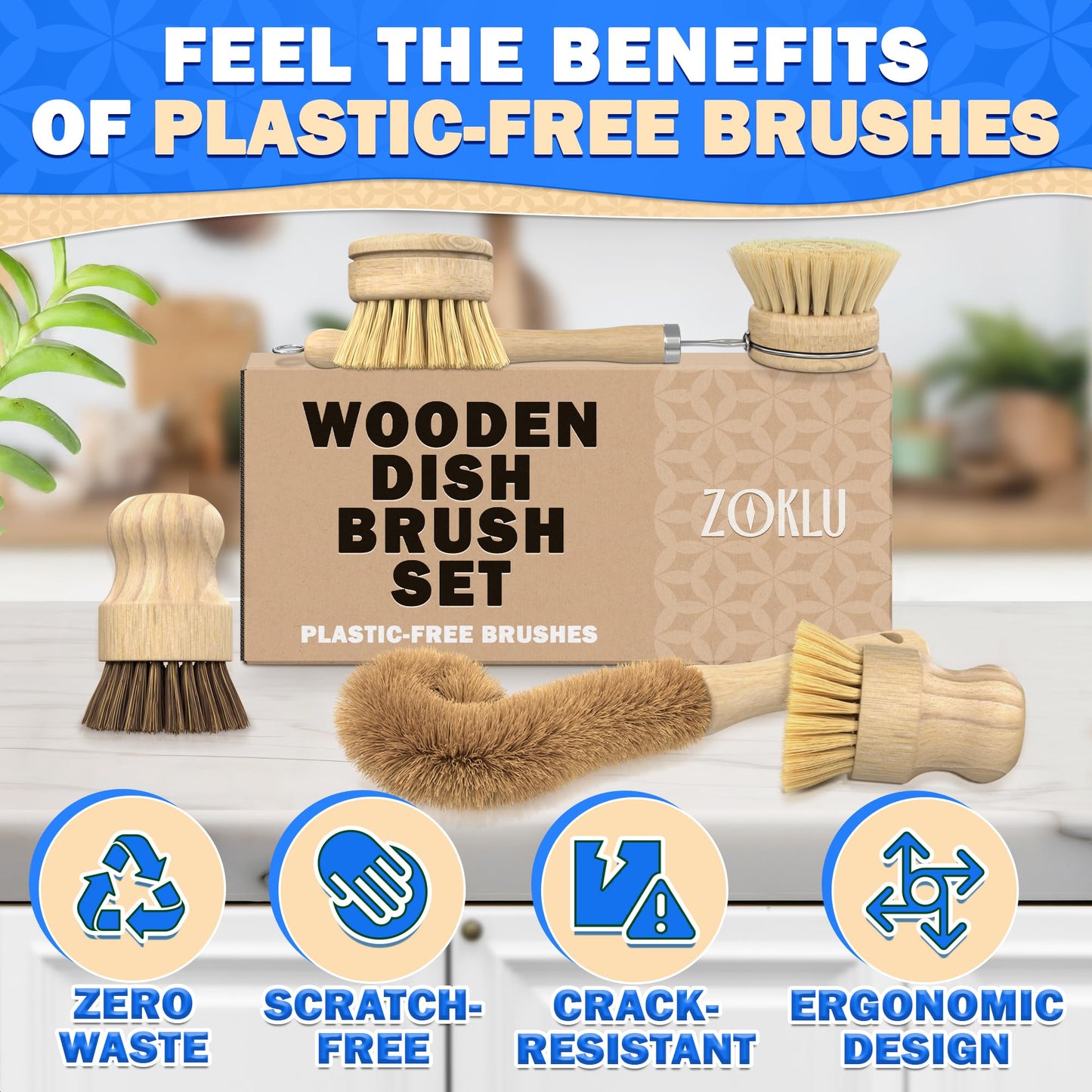 5 Pcs Bamboo Dish Brush Set – Bamboo Dish Scrubber with Soft & Stiff Non-Scratch Bristles, Ergonomic Handle, Replacement Head Included – Lightweight Kitchen Scrubber for Pots, Bottles & Vegetables