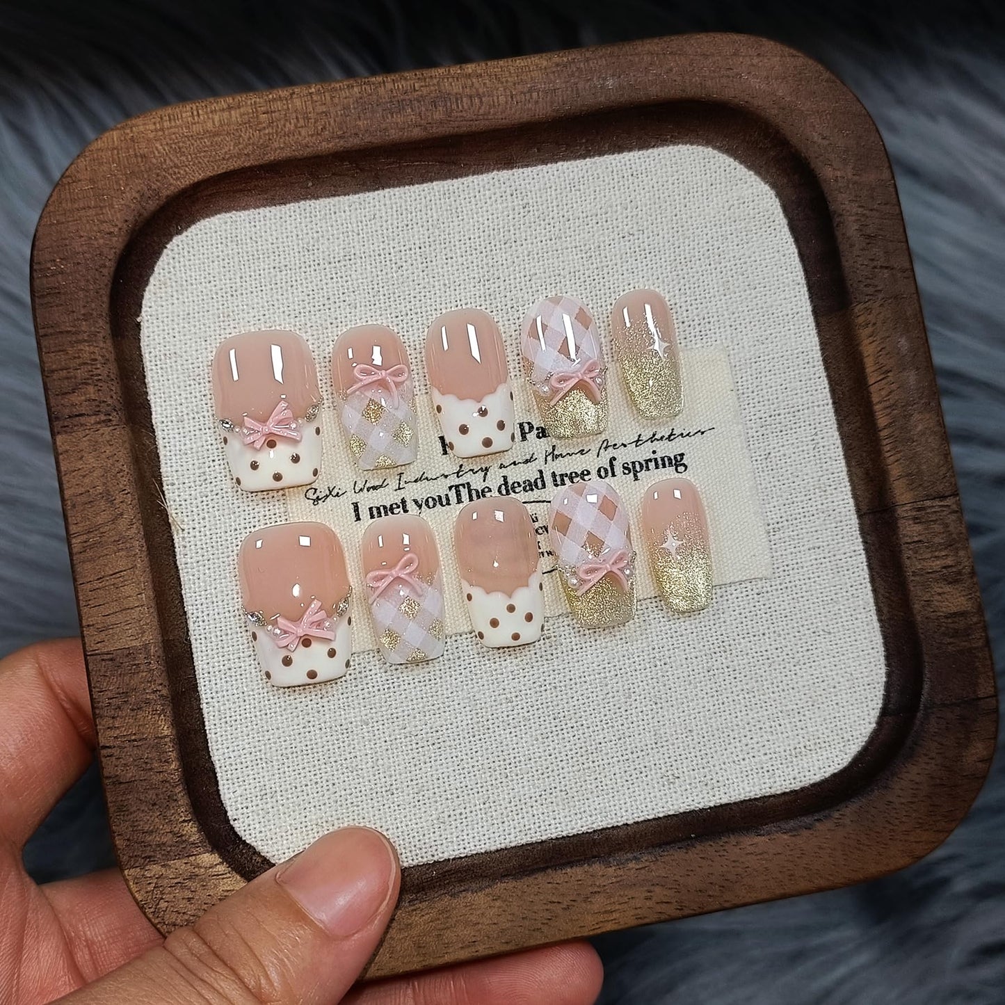TENPAL 10Pcs Y2K Short Medium Coffin Press On Nails With Tools Kit,Light Pink Cat Eye French Fake Nails with Dot Bow Plaid Pattern,K-Beauty Acrylic Glue on Nails for Wedding Party Daily Wear(M)