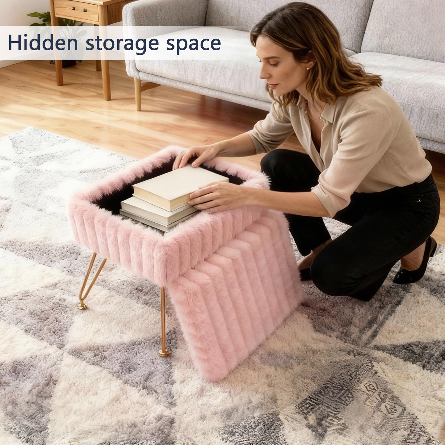 xupersodys Vanity Stool Chair with Storage, Faux Fur Soft Padded Ottoman with Coffee Table, Modern Vanity Chair Fluffy Footstool with Metal Legs for Makeup, Living Room,Bedroom Pink