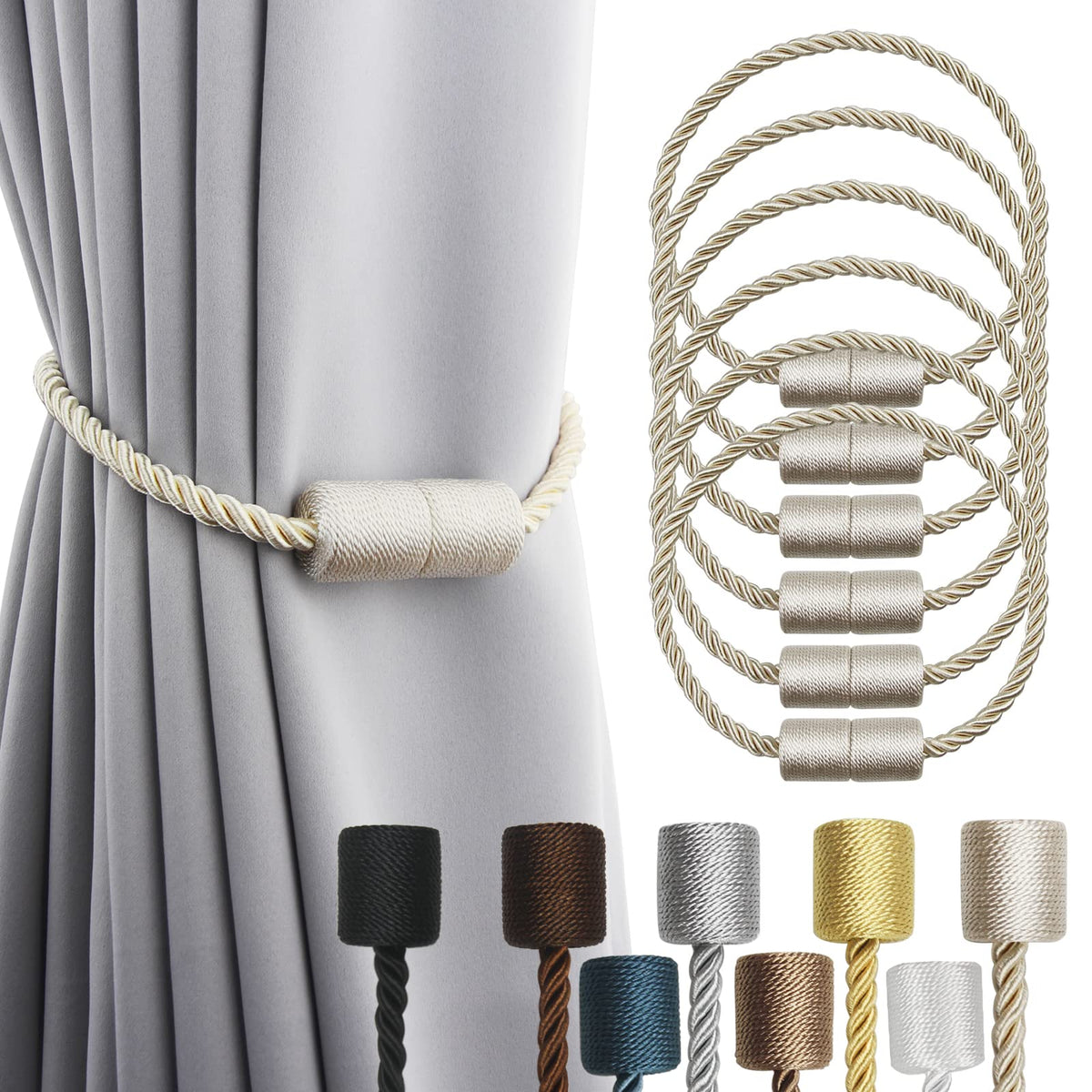 6 Pack Beige Strong Magnetic Curtain Tiebacks Outdoor Elegant Decorative Tie Backs Modern Rope Tiebacks for Drapes Window Curtain Holdbacks for Draperies (6 Count)