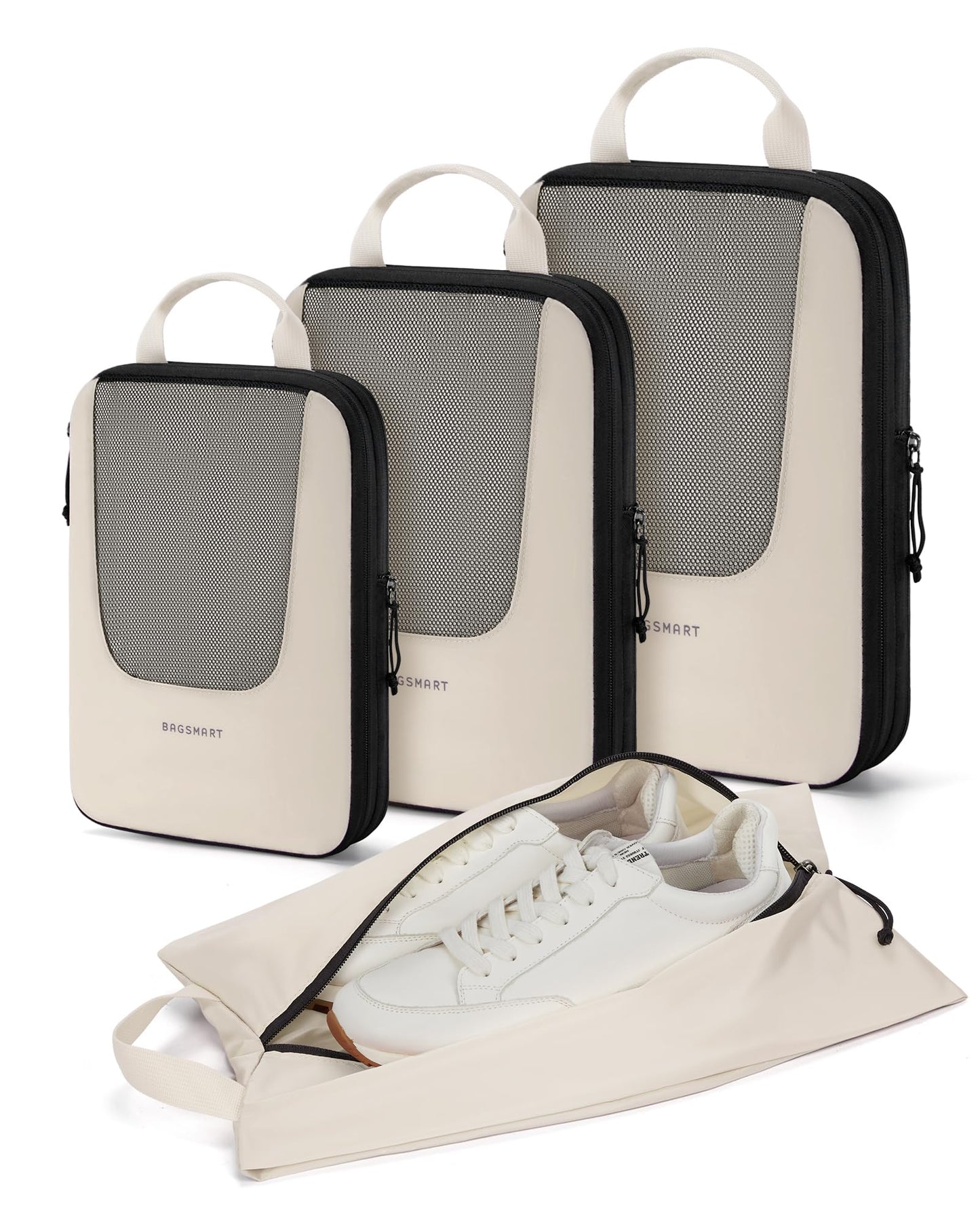 BAGSMART Compression Packing Cubes for Travel, 6/5/4set Lightweight Packing Organizers, Summer Travel Essentials Suitcase Organizer Bags Set, Compressible 4 Set/Beige