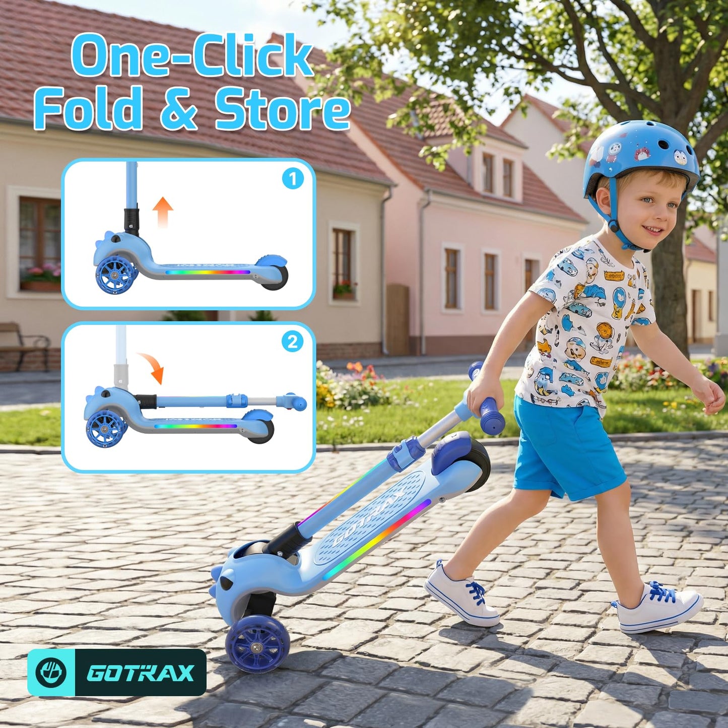 Gotrax SK1 Foldable Electric Scooter for Kids 4+, Full Body LED Light, 90min Riding& 5Mph Speed, Push-Button Throttle&Battery Indicator, 6'' Wheel & 3 Adjustable Height, 3 Wheel Escooter,Gift,Blue