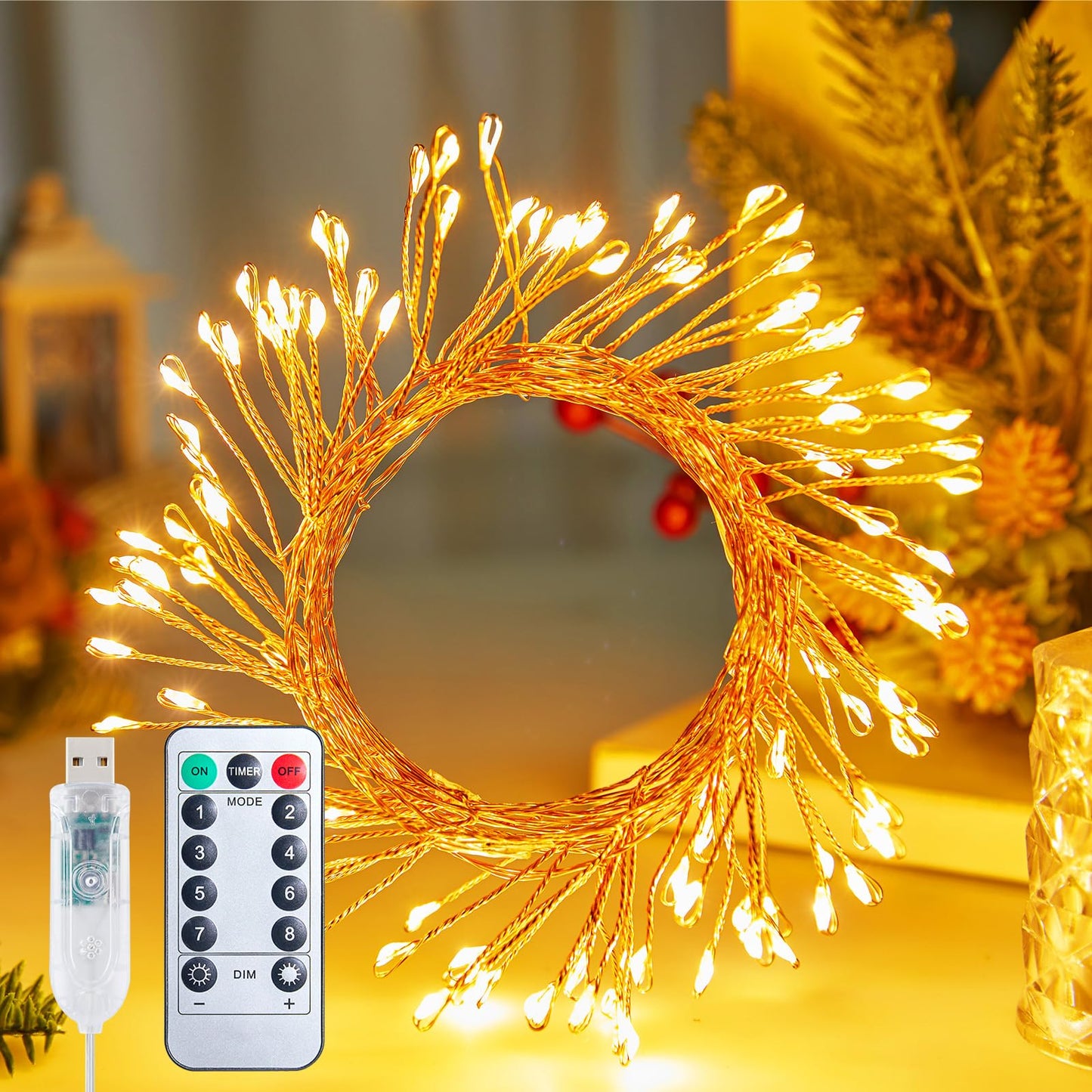 USB Operated Fairy Christmas Lights, 10FT 120LEDs Twinkle Cluster Light with 8 Modes & Remote, Silver Wire Firecracker String Lights for Garland, Room, Bedroom, DIY, Wedding Christmas Tree Decoration
