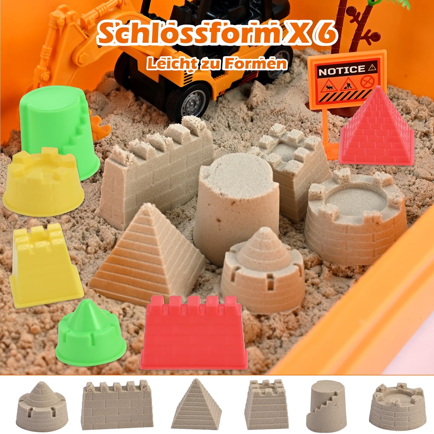34Pcs Sand Construction Site Kit Sensory Bin Toy for Toddler with 8 Vehicles, 6 Castle Molds, 5 Road Signs, 4 Worker Figures, 2.2lbs Sand, Learning Sand Toys Birthday Gift for Kids Boys Ages 3 4 5