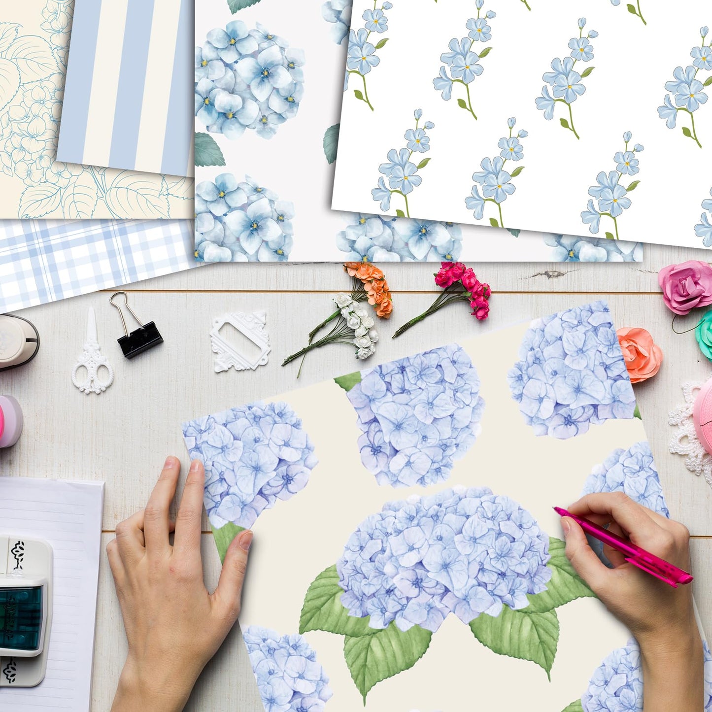 EggSun 48 Sheets Hydrangea Scrapbook Paper,Hydrangea Pattern Decorative Scrapbook Paper for Journals DIY Cards and Photo Albums,Aesthetic Craft Supplies