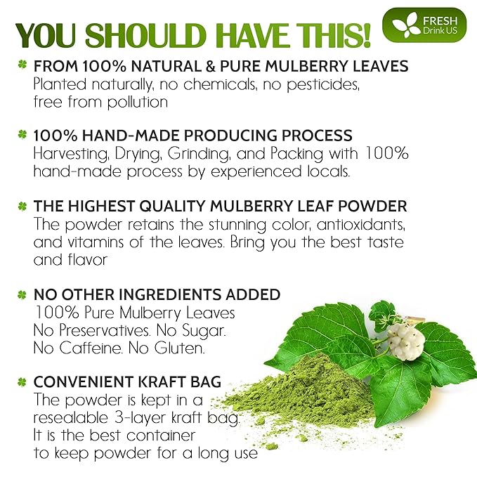 FreshDrinkUS, Premium 8oz Mulberry Leaf Powder, 100% Natural and Pure from Mulberry Leaves, Perfect for Tea, Smoothies, Baked Goods, Natural Food Coloring, No Additives, No Gluten, No Sugar, Vegan
