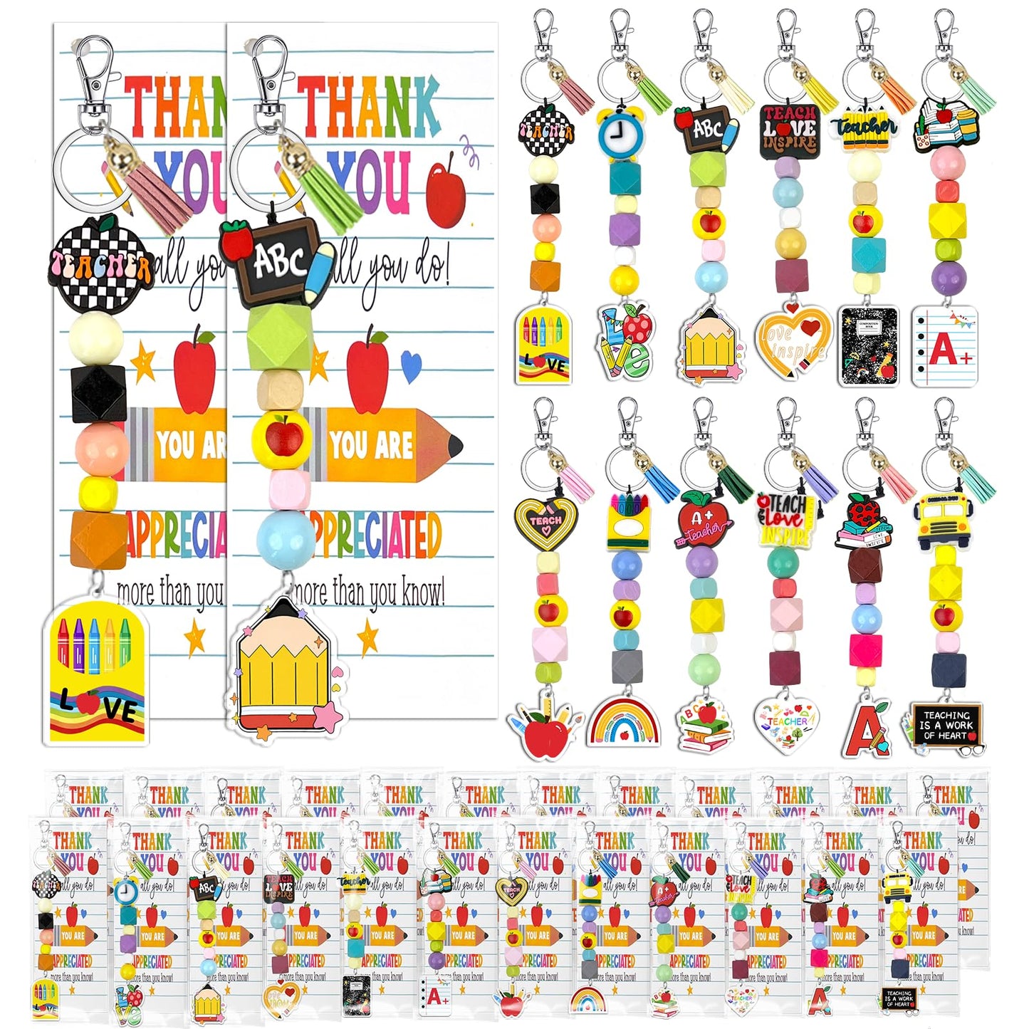 Gaiaring 72 Pcs Large Teachers Appreciation Gifts Set Teacher Appreciation Keychains Apple Beaded Lanyard Keychain with Cards