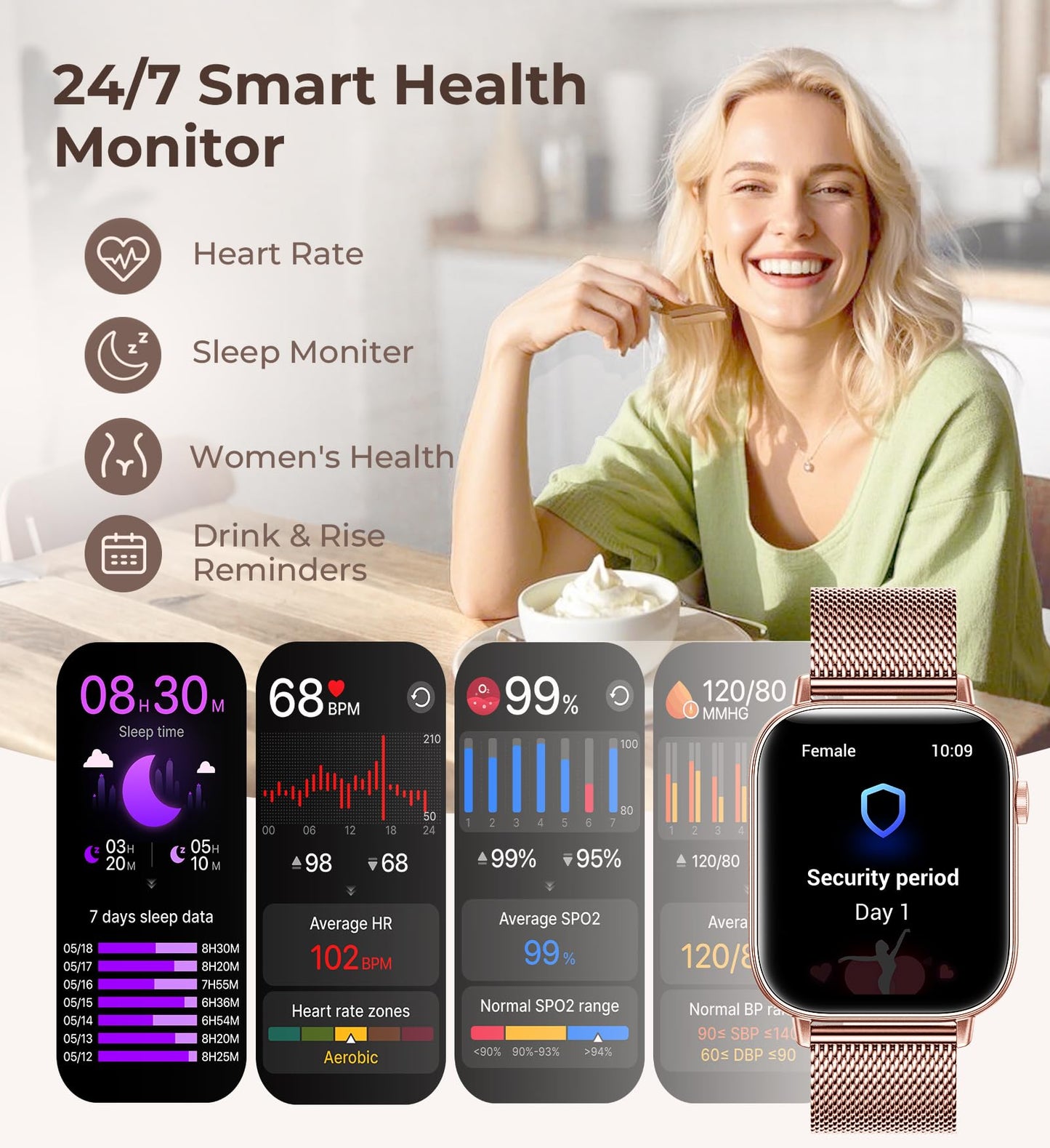 Iaret Smart Watch for Women, 1.83" HD Fitness Tracker with 4 Bands, Answer/Make Calls, Heart Rate/Sleep/SpO2/Step Tracking, 100+ Sport Modes, Android/iPhone Compatible Gift (Rose Gold)