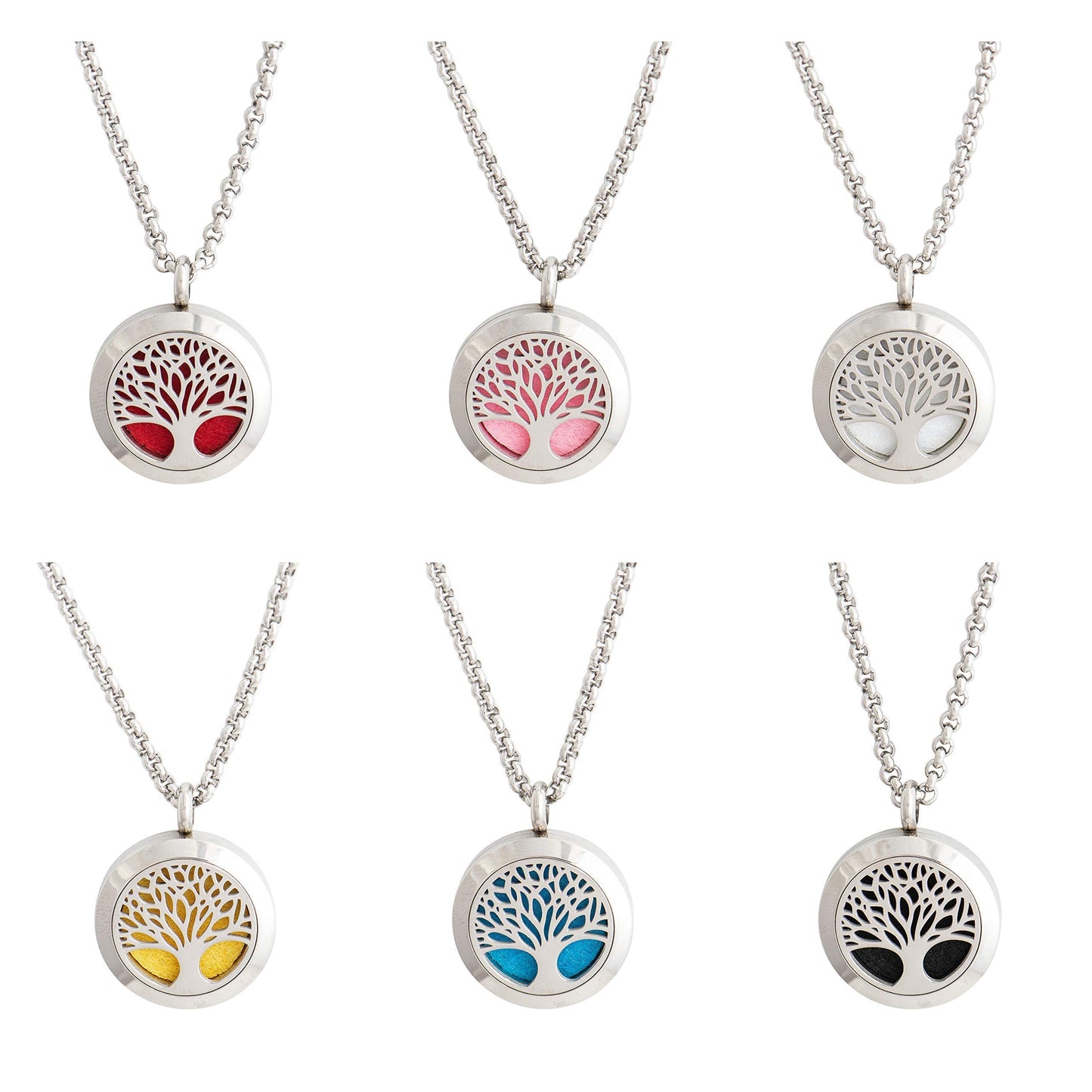 Wild Essentials Tree of Life Essential Oil Diffuser Necklace, Stainless Steel Locket Pendant with 24 inch Chain, 12 Color Refill Pads, Customizable Color Changing Perfume Jewelry for Aromatherapy