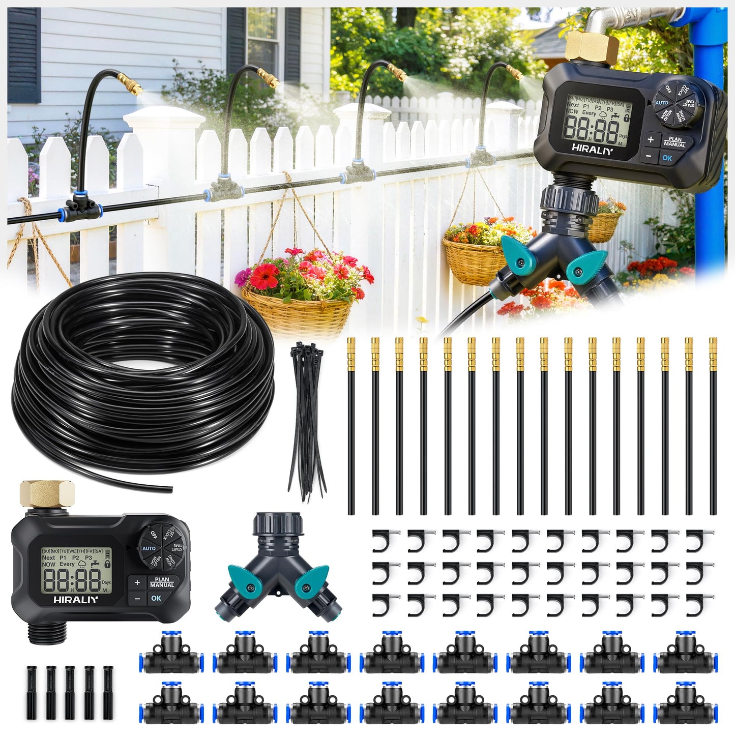 HIRALIY 360° Adjustable Drip Irrigation System 100FT with Timer, 1/4" Tubing and Adjustable Copper Nozzles, Automatic Atomizing Watering Kit for Garden, Yard, Lawn, Greenhouse & Potted Plants