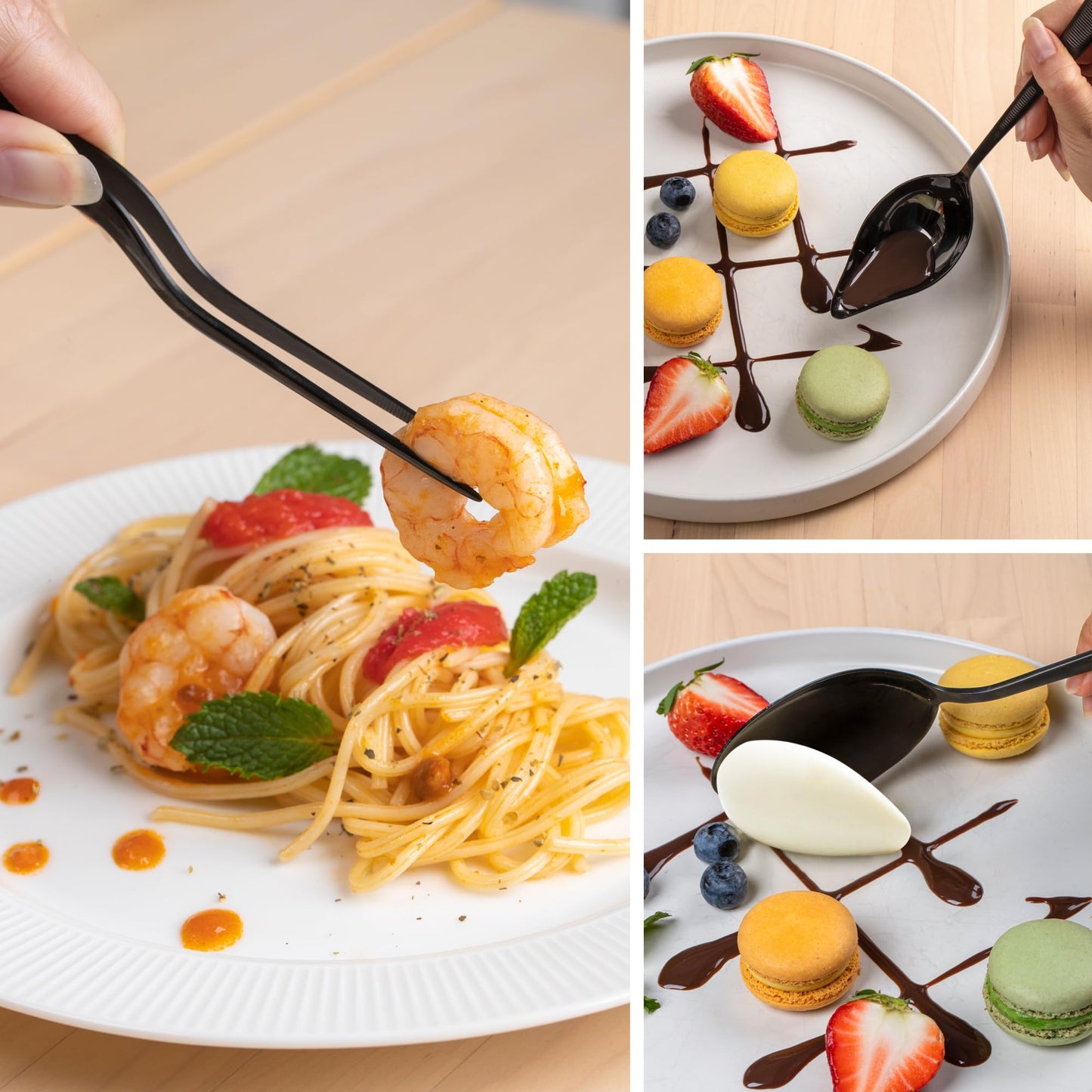 7 Pc Black Plating Tools Culinary Set (Professional Chef Utensils)| Chef Kit with 3 Plating Spoons, 3 Chef Plating Tweezers, Offset Spatula. Bundled with Zester Tool Set and Silicon Basting Brush