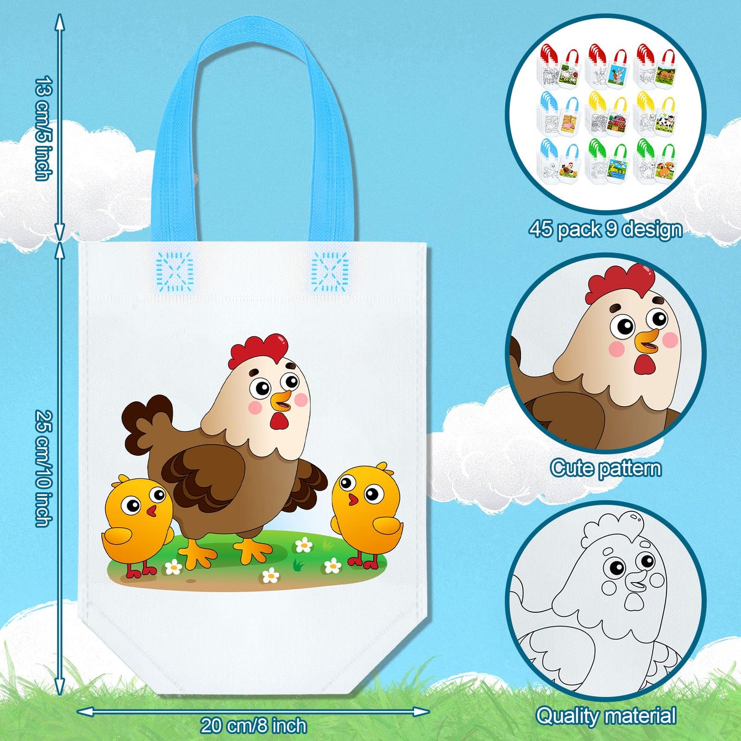 Kacctyen 45 Pcs Farm Animals Color Your Own Goodie Bags Craft Bulk Reusable Coloring Art Party Favor Paint Graffiti Bags for Farm Theme Barnyard Birthday, 9 Styles