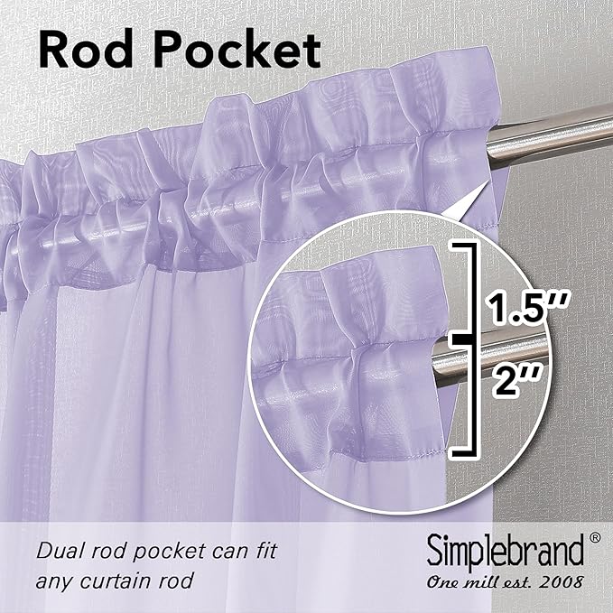 Simplebrand Lavender Sheer Curtains 63 Inch Length 2 Panels, Rod Pocket Solid Color Window Sheer Curtain Panels, Elegant Curtains & Drapes for Living Room, Bedroom 2 Panels (42" W x 63" L)