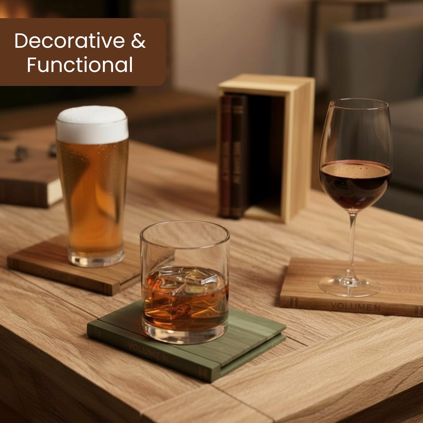 The Coaster Library | 100% Acacia Wood | Set of 5 Book-Style Decorative Drink Coasters with Wooden Stand | Coffee, Tea & Cocktail Display | Statement Tabletop Accent