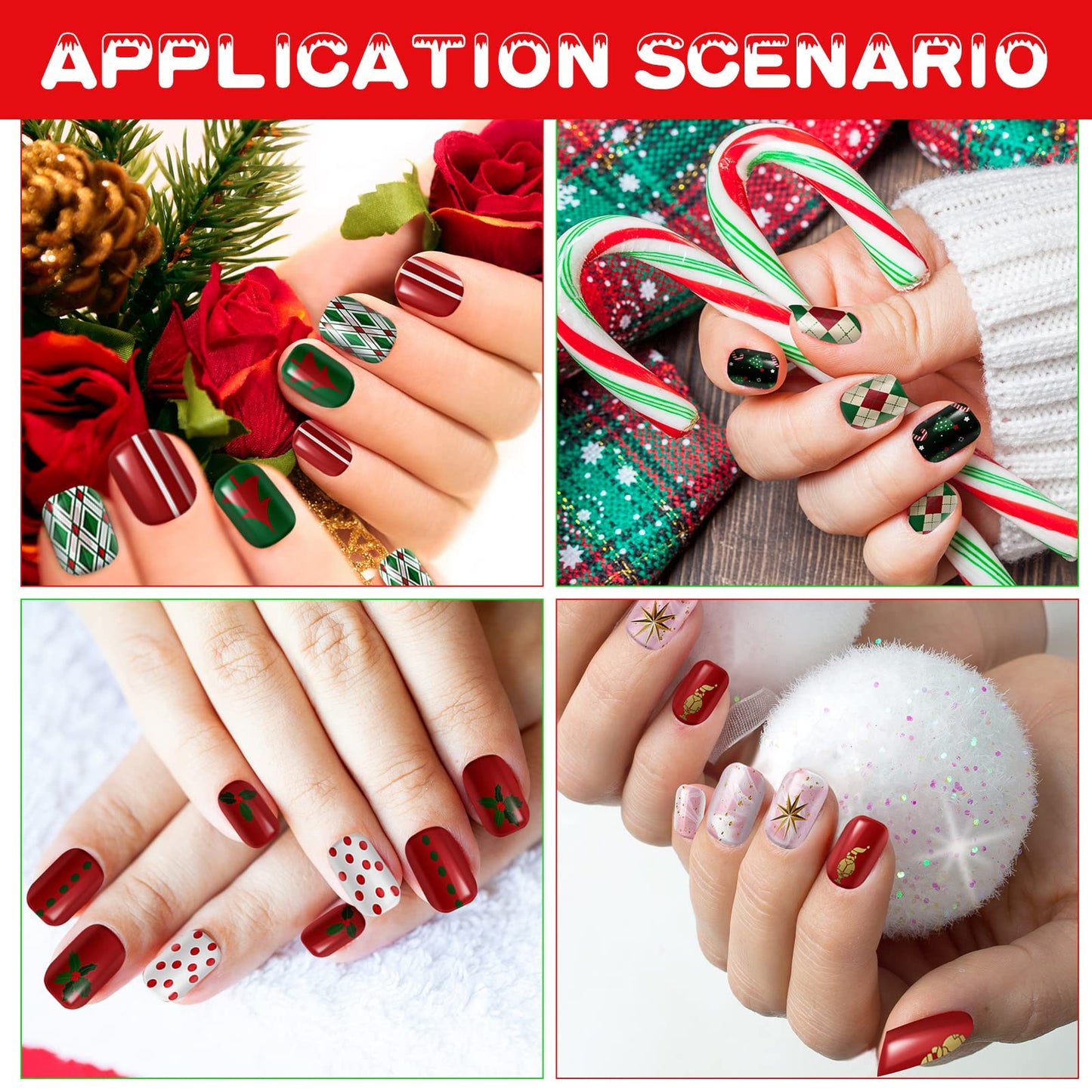 Kacctyen 384pcs 16pack Christmas Press on Nails Winter Square Short Red Fake Nails with Santa Elk Snowflake Pattern Glue on for Women Girls(Bright Pattern)