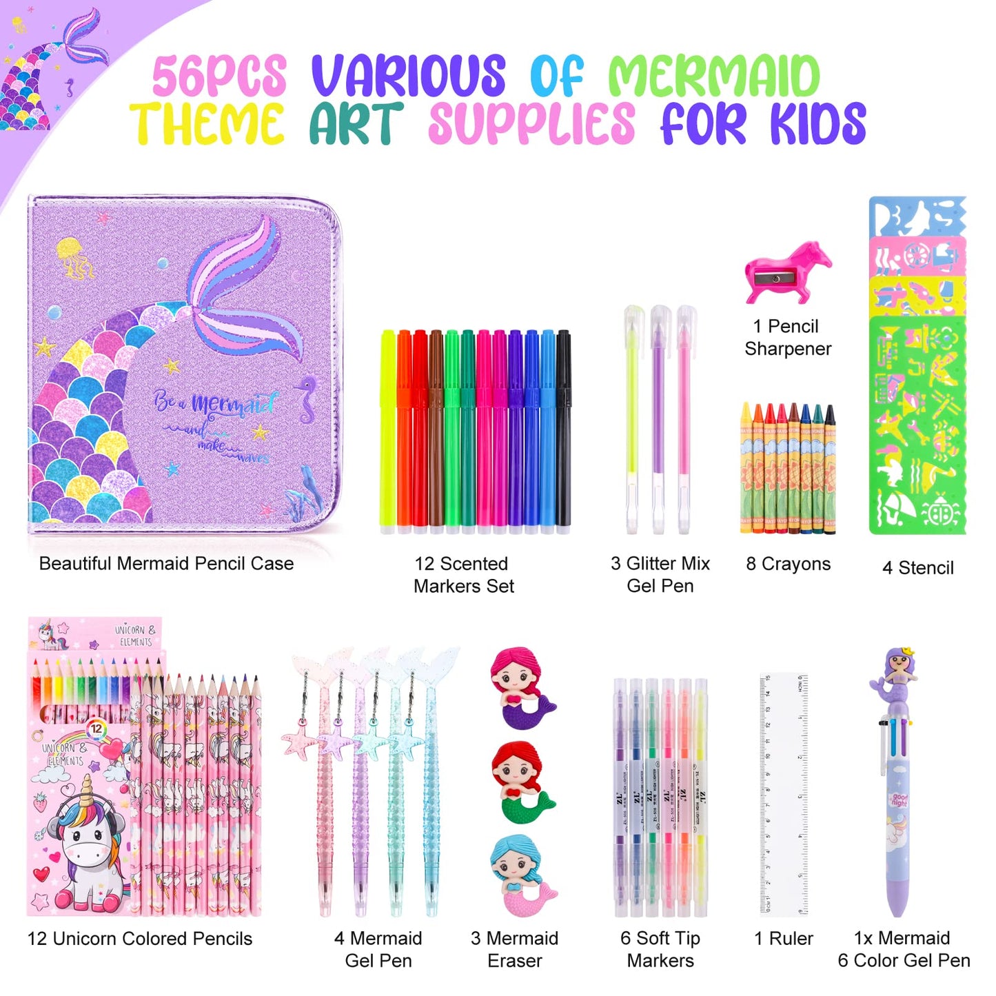 MAIGOZON Mermaid Art Craft Kit for Kids, 56 Piece Set with Pencil Case, Markers, Crayons, Gel Pens, Erasers, Stencils, Ruler