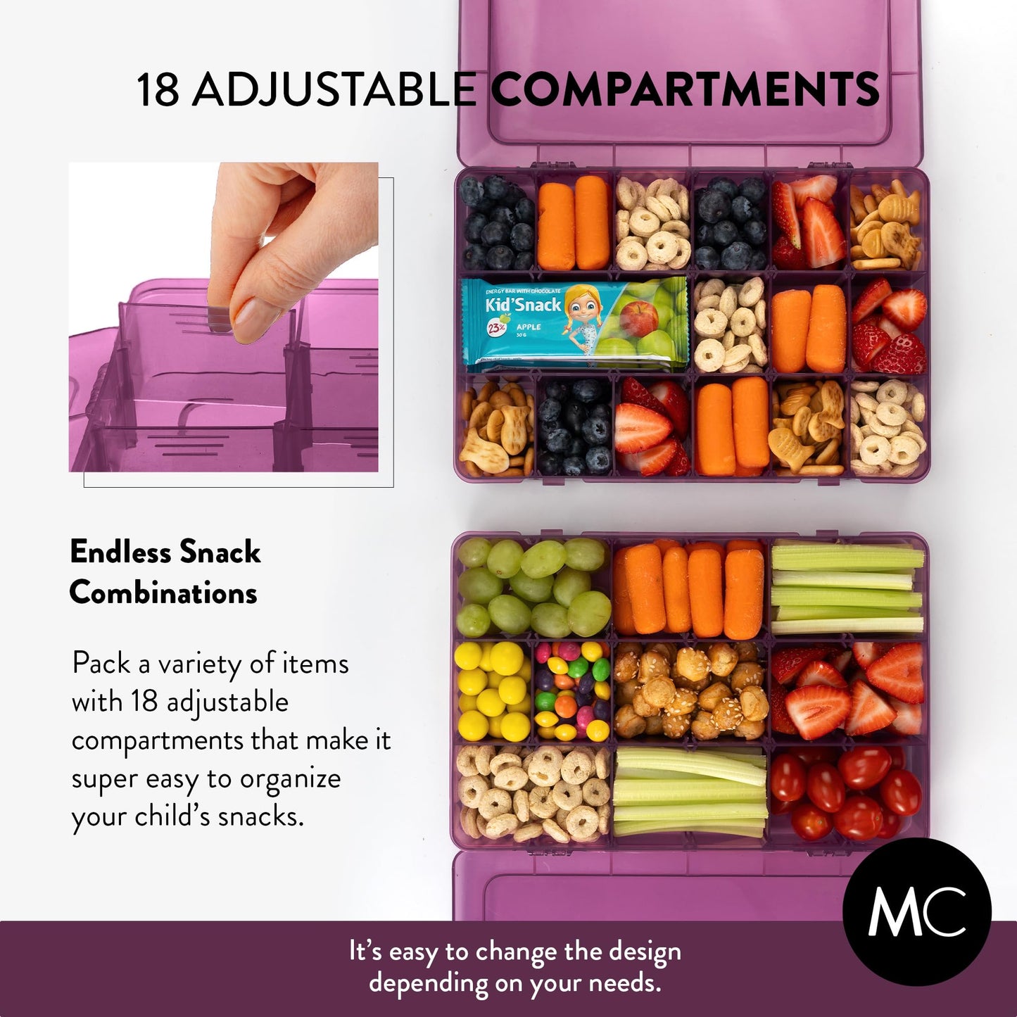 Large Kids Snack Box Containers Set of 2 -100 Labels, BPA-Free, Adjustable Compartments, Dishwasher Safe, Reusable Tray, Food Grade, Meal Prep Container, PARENT TESTED PARENT APPROVED AWARD (Purple)