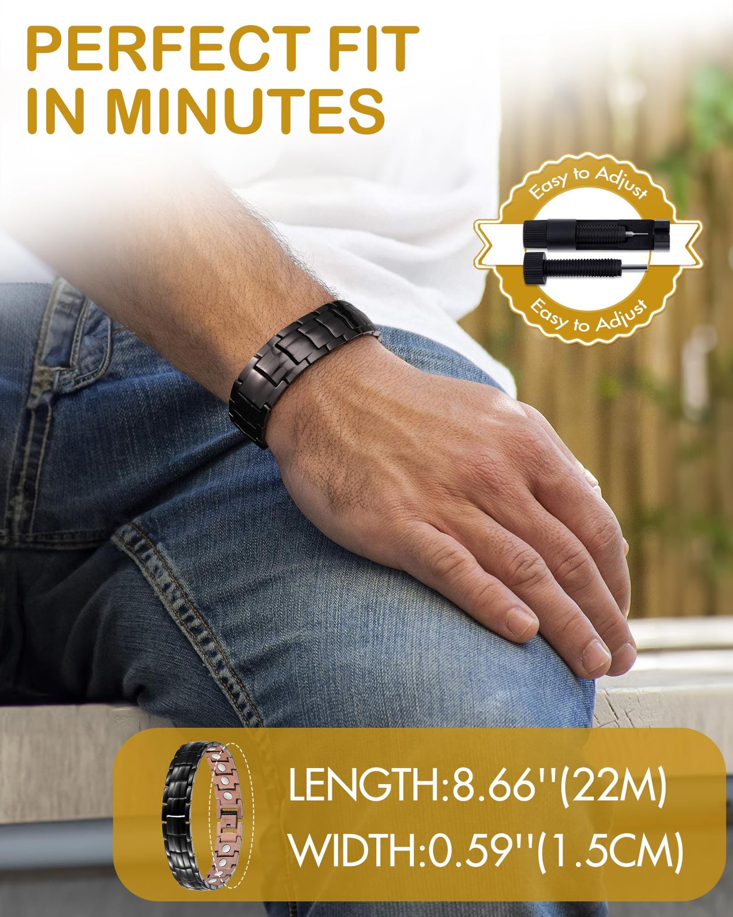 Feraco Copper Bracelet for Men-Magnetic Bracelets 99.99% Pure Copper Jewelry Gift with Adjustable Sizing Tool, Magnetic Field Therapy Jewelry(Black)