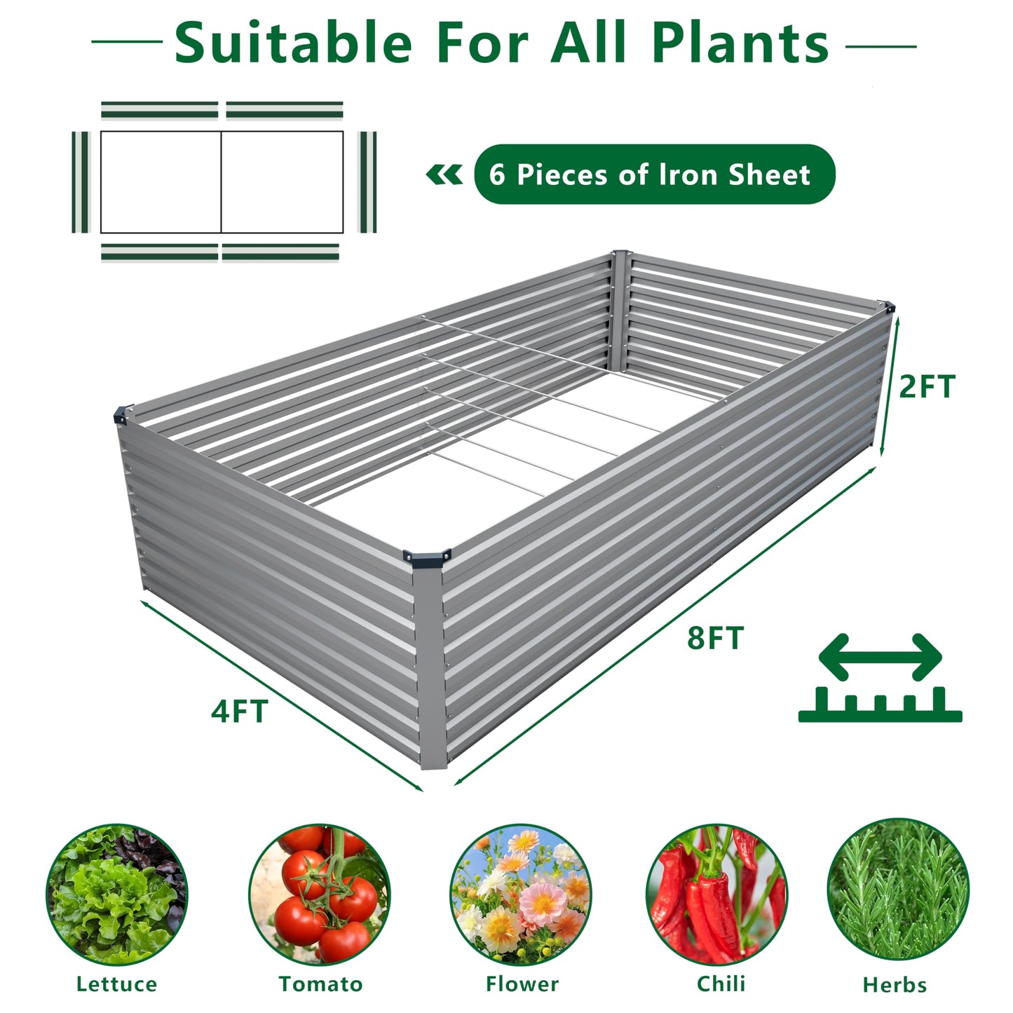 DIIYIV Galvanized Raised Garden Bed Kit Outdoor Patio,8x4x2ft Large Rectangular Metal Planter Boxes,Deep Root Box Planter for Gardening,Vegetables,Flowers,Herbs-Silver