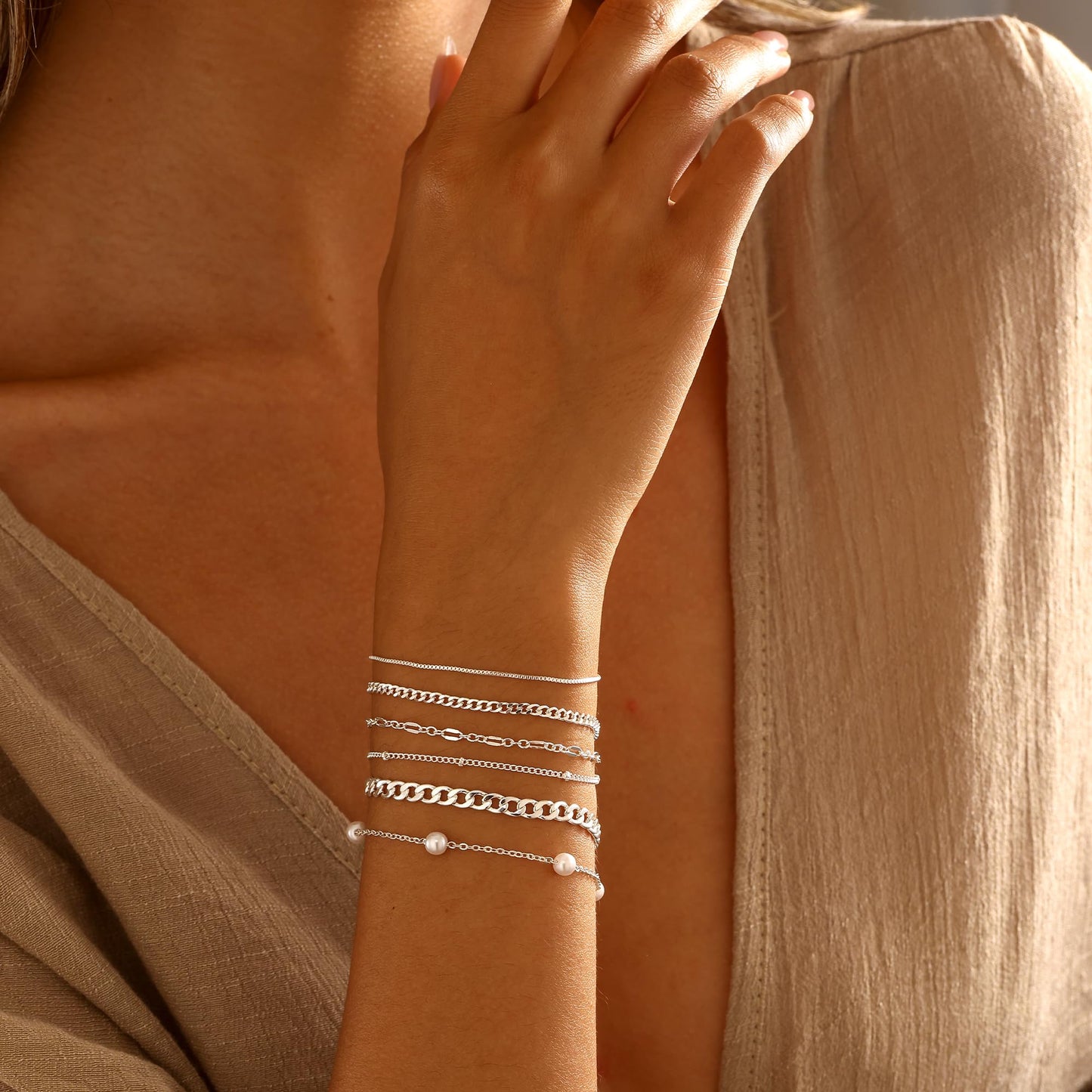 14K Silver Plated Pearl Bracelets for Women Waterproof, Dainty Silver Plated Cuban Link Chain Bracelet Stack Silver Pearl Jewelry Set for Womens Beaded Bracelets Small Simple Cute Thin Prom Wedding Jewelry